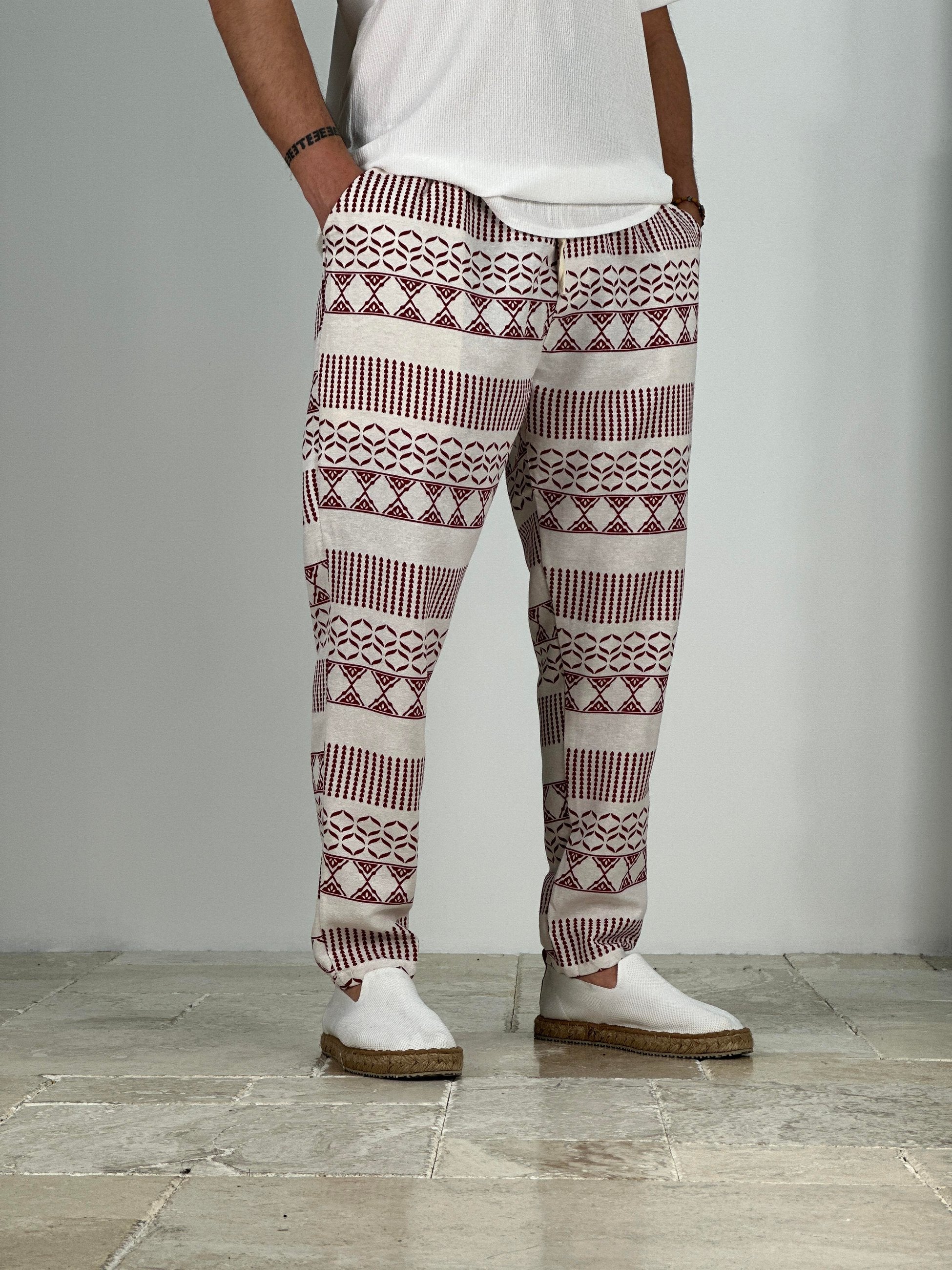 Etnik Desenli Bordo Keten Pantolon COC2228