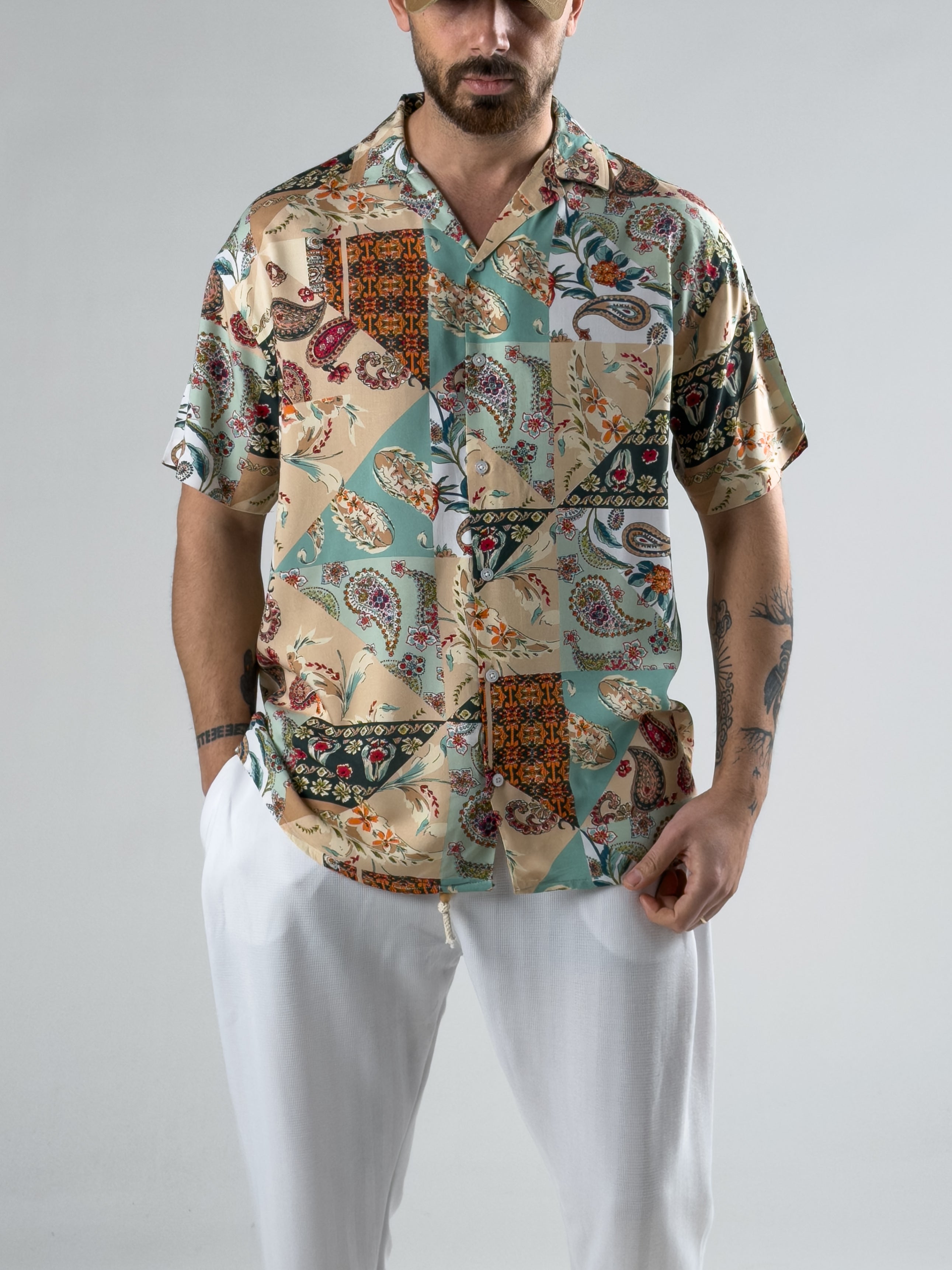 Etnik Desenli Tropikal Erkek Gömlek COC2976
