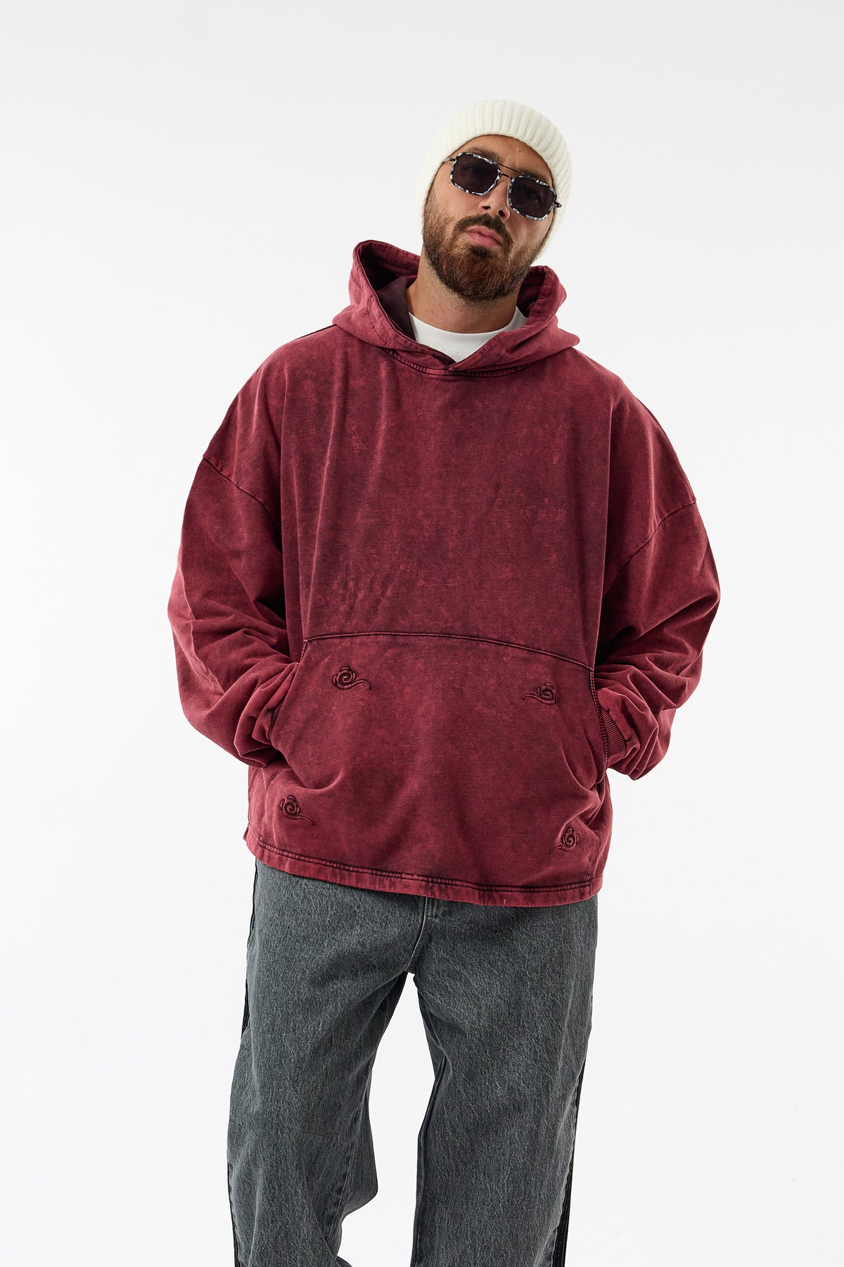 Faded Yıkamalı Tasarım Bordo Oversize Kapüşonlu Erkek Sweatshirt COC3671
