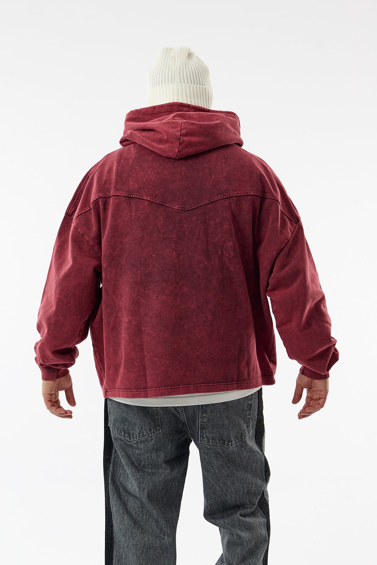 Faded Yıkamalı Tasarım Bordo Oversize Kapüşonlu Erkek Sweatshirt COC3671