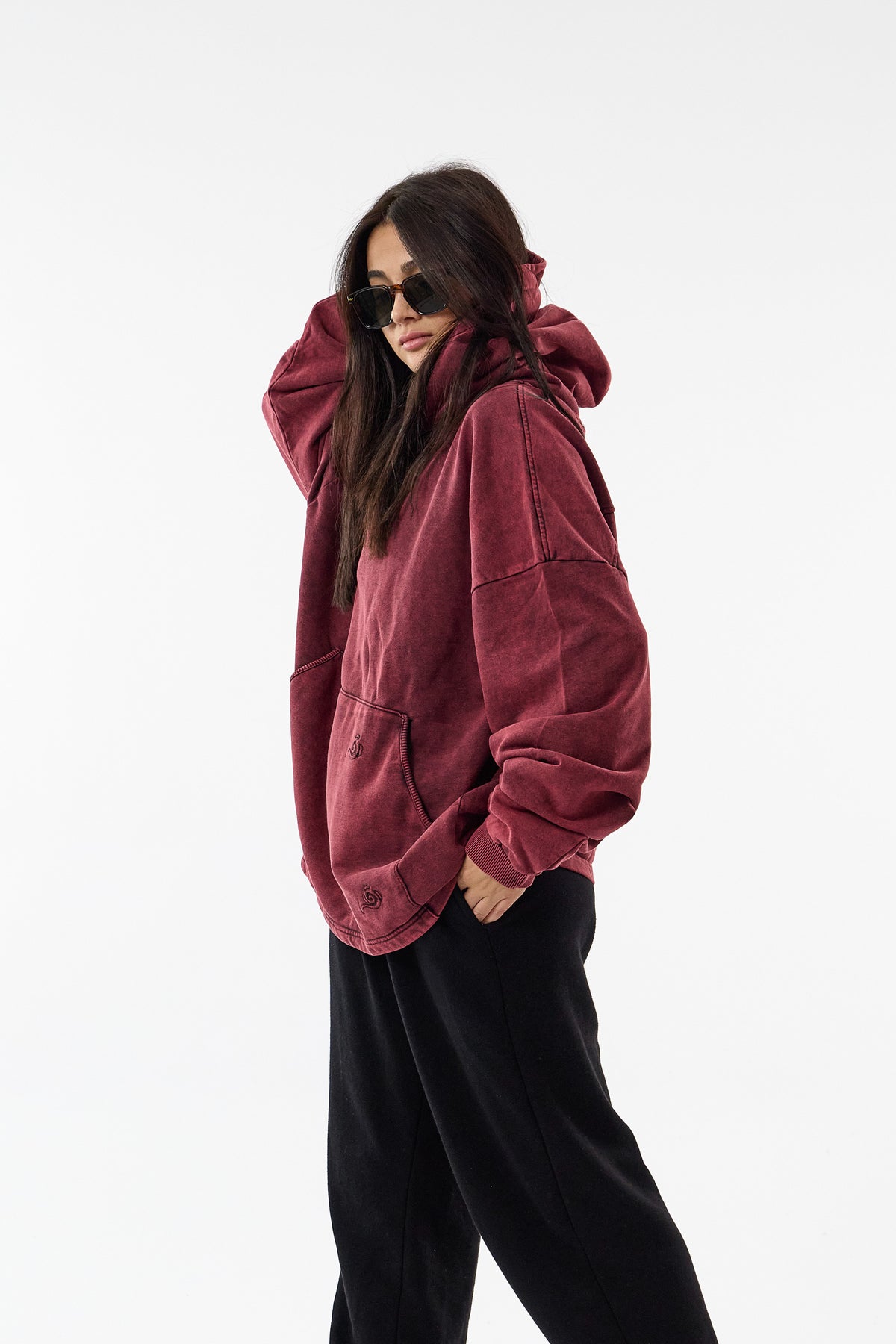 Faded Yıkamalı Tasarım Bordo Oversize Kapüşonlu Kadın Sweatshirt COC3672