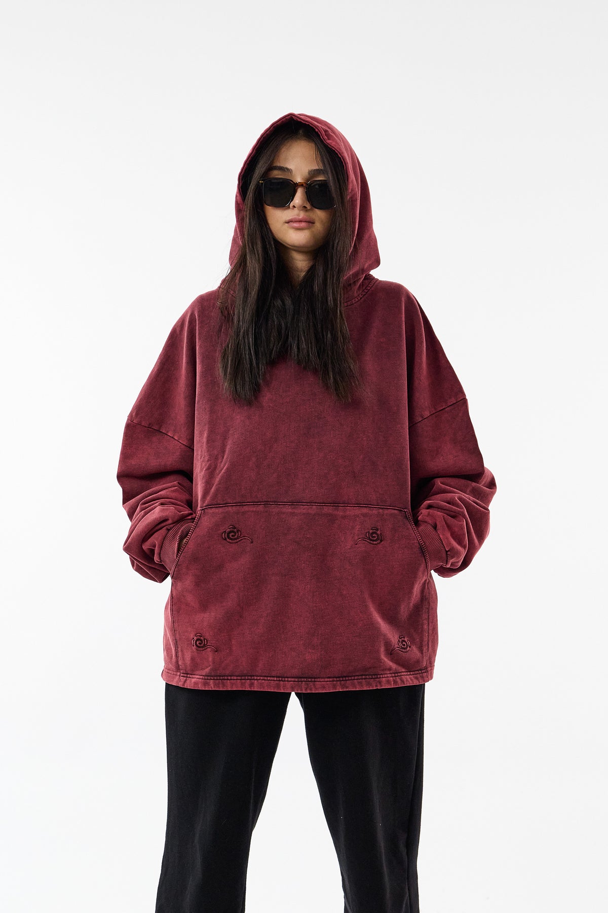 Faded Yıkamalı Tasarım Bordo Oversize Kapüşonlu Kadın Sweatshirt COC3672