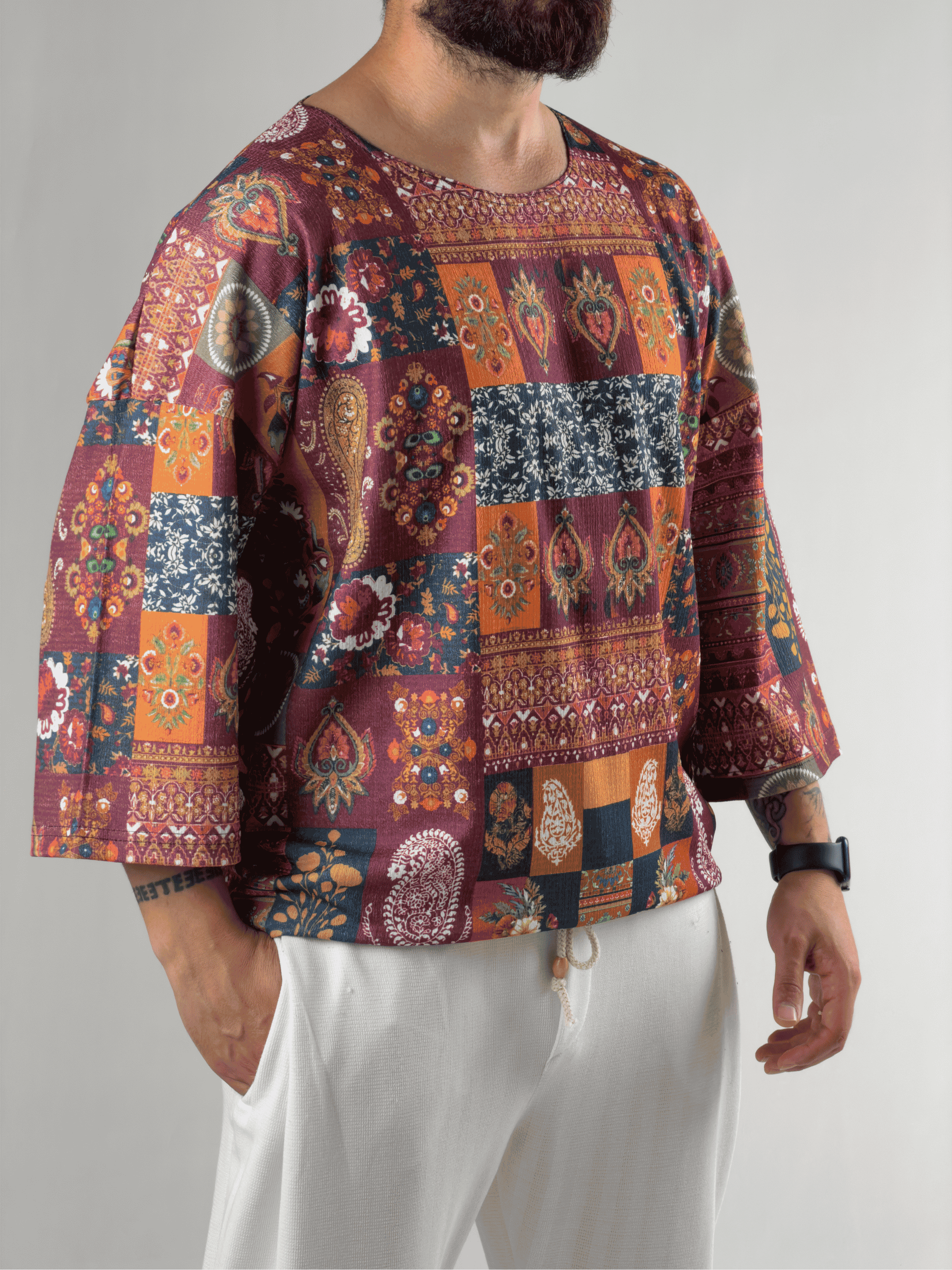 Fakir Kol Etnik Desenli Bürümcük Erkek T-Shirt COC3197