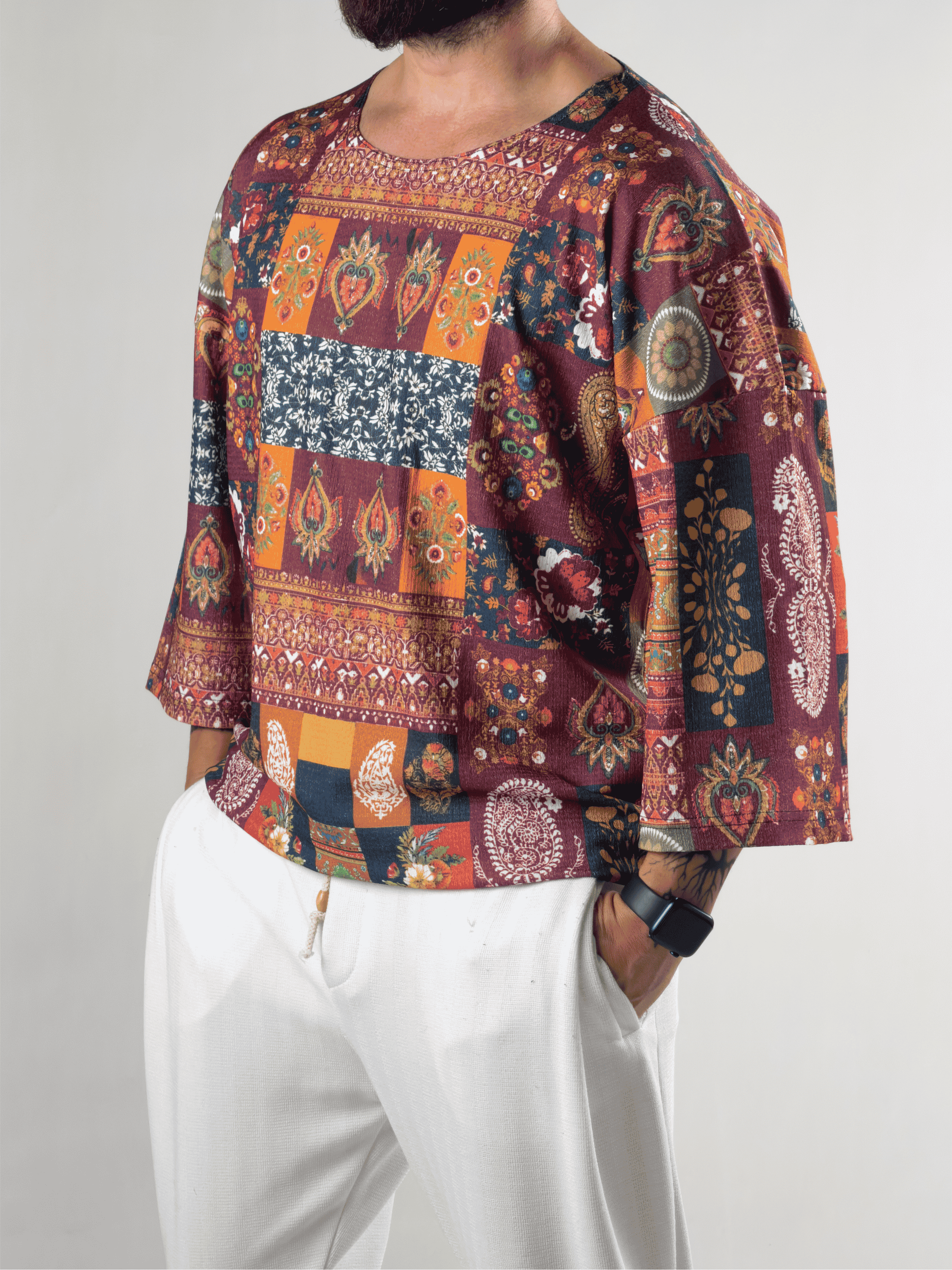 Fakir Kol Etnik Desenli Bürümcük Erkek T-Shirt COC3197