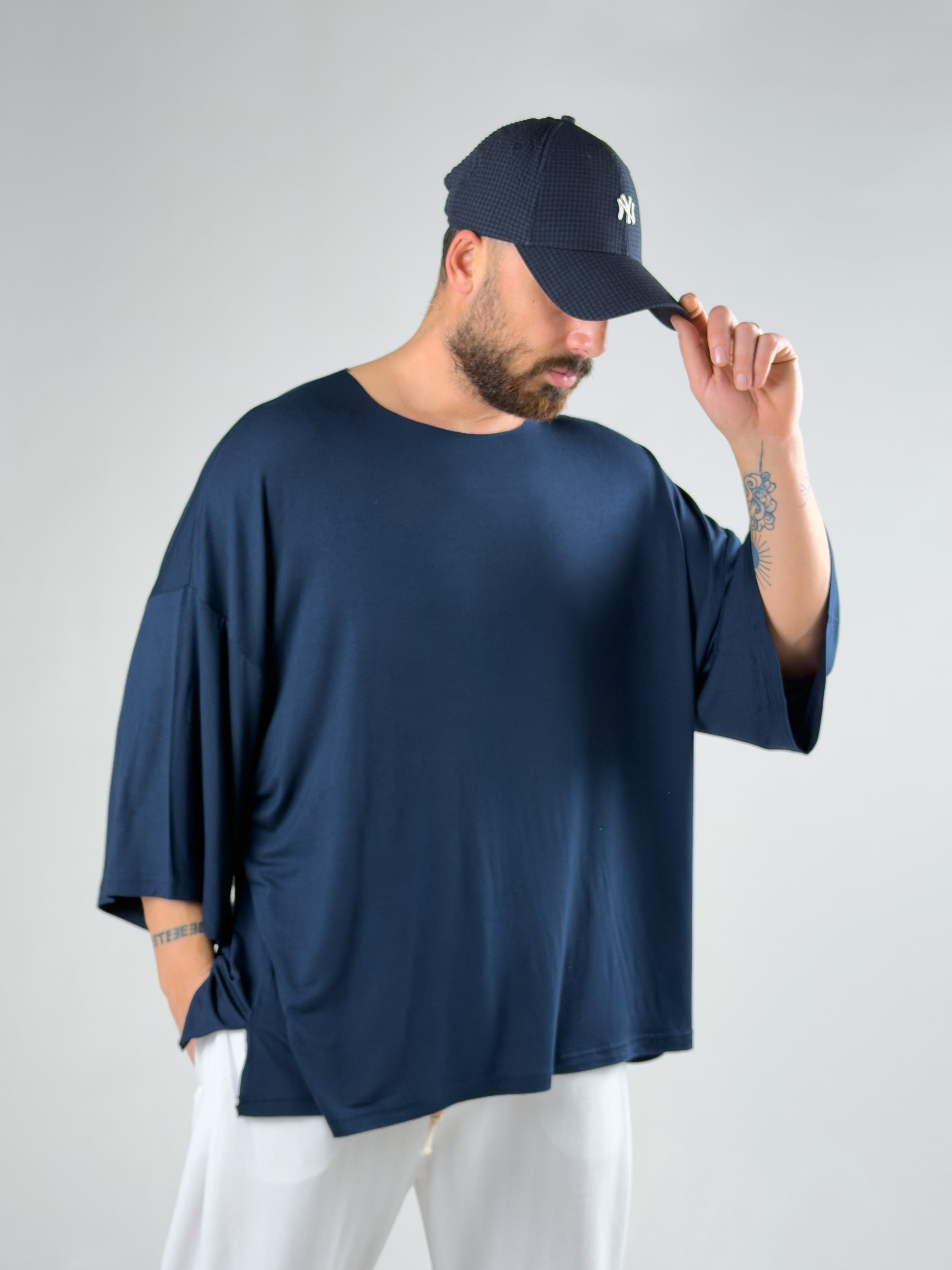 Fakir Kol Lacivert Oversize Viscon T-Shirt COC3026