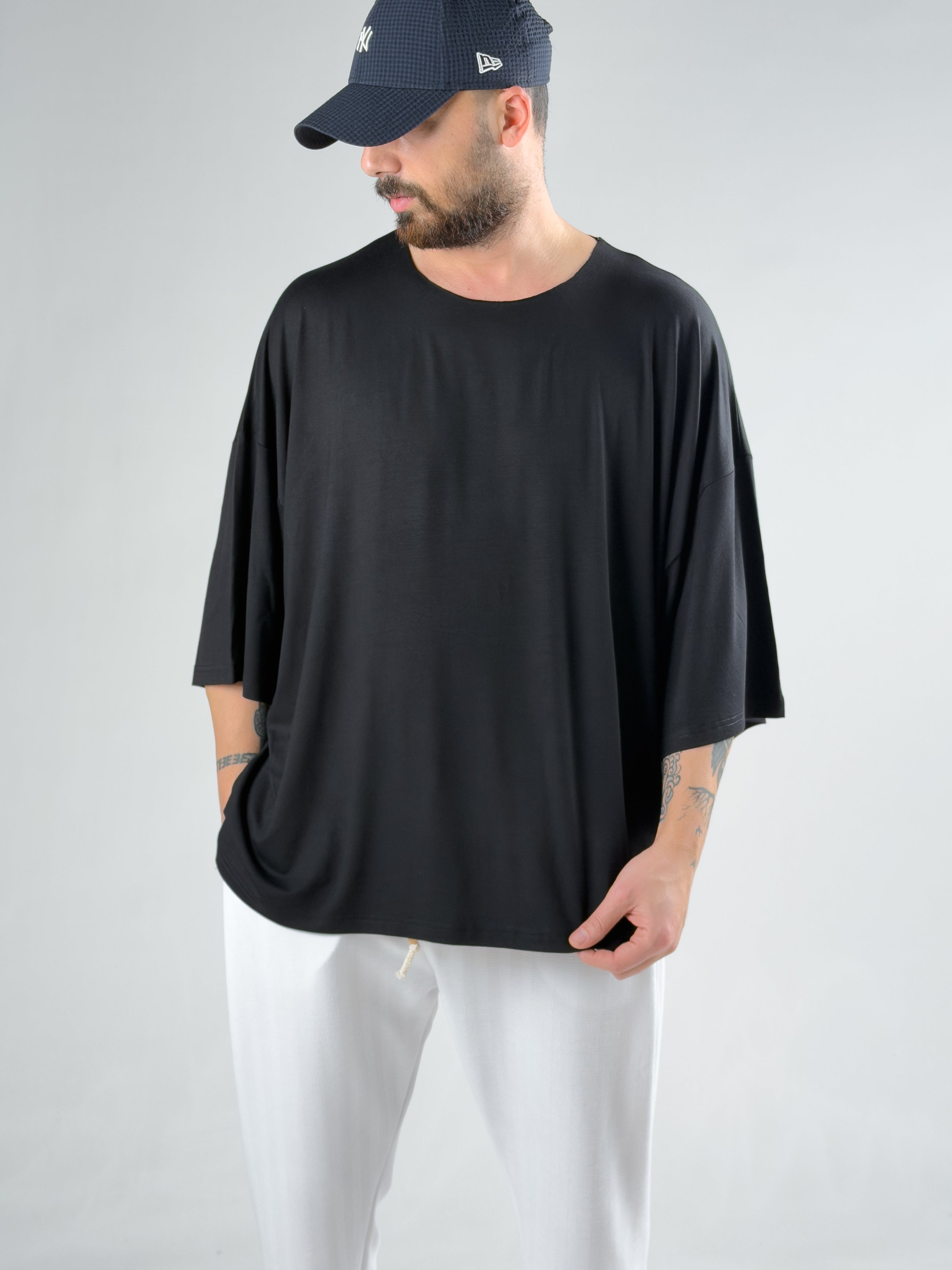 Fakir Kol Siyah Oversize Viscon T-Shirt COC2277