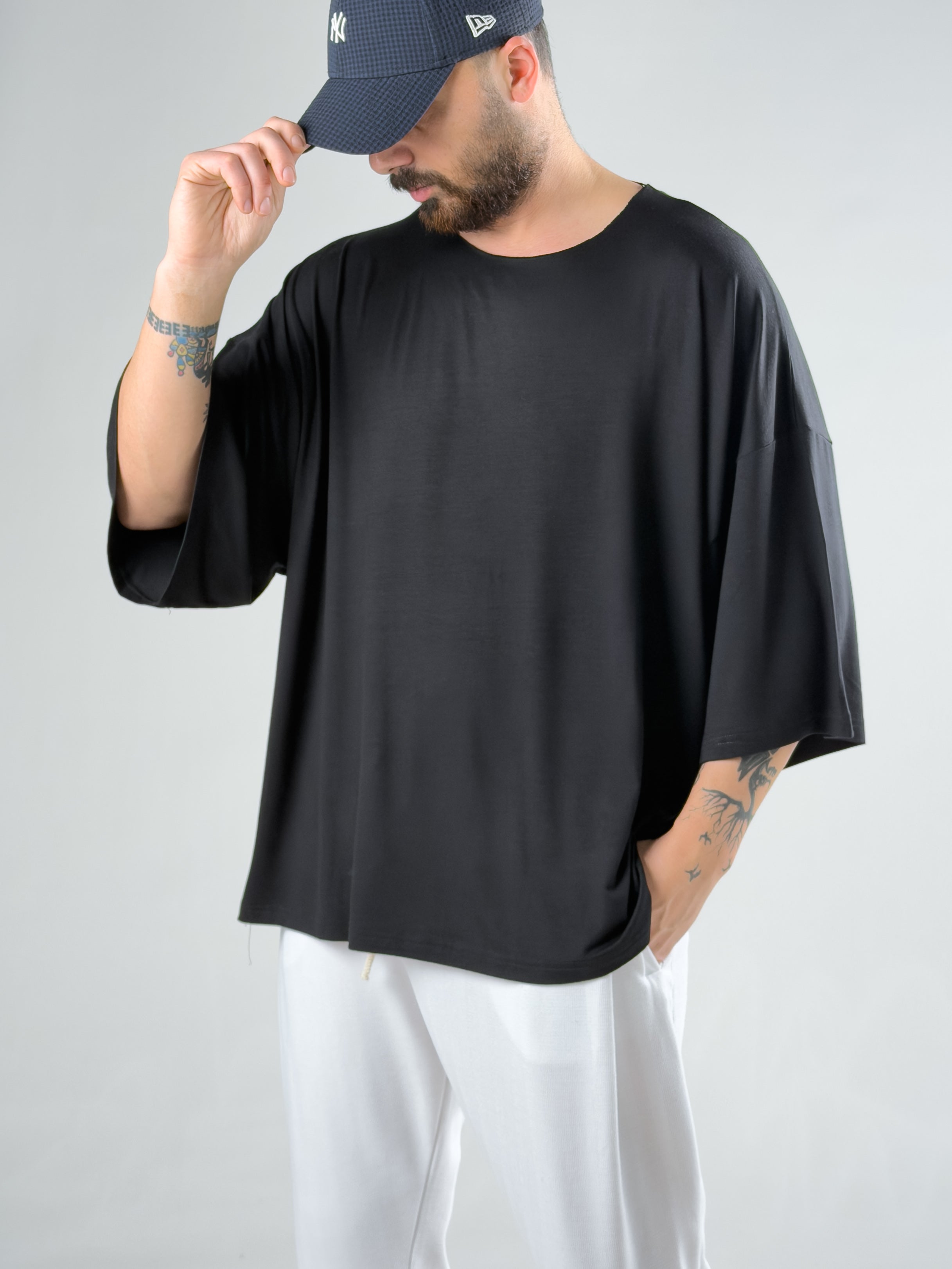 Fakir Kol Siyah Oversize Viscon T-Shirt COC2277
