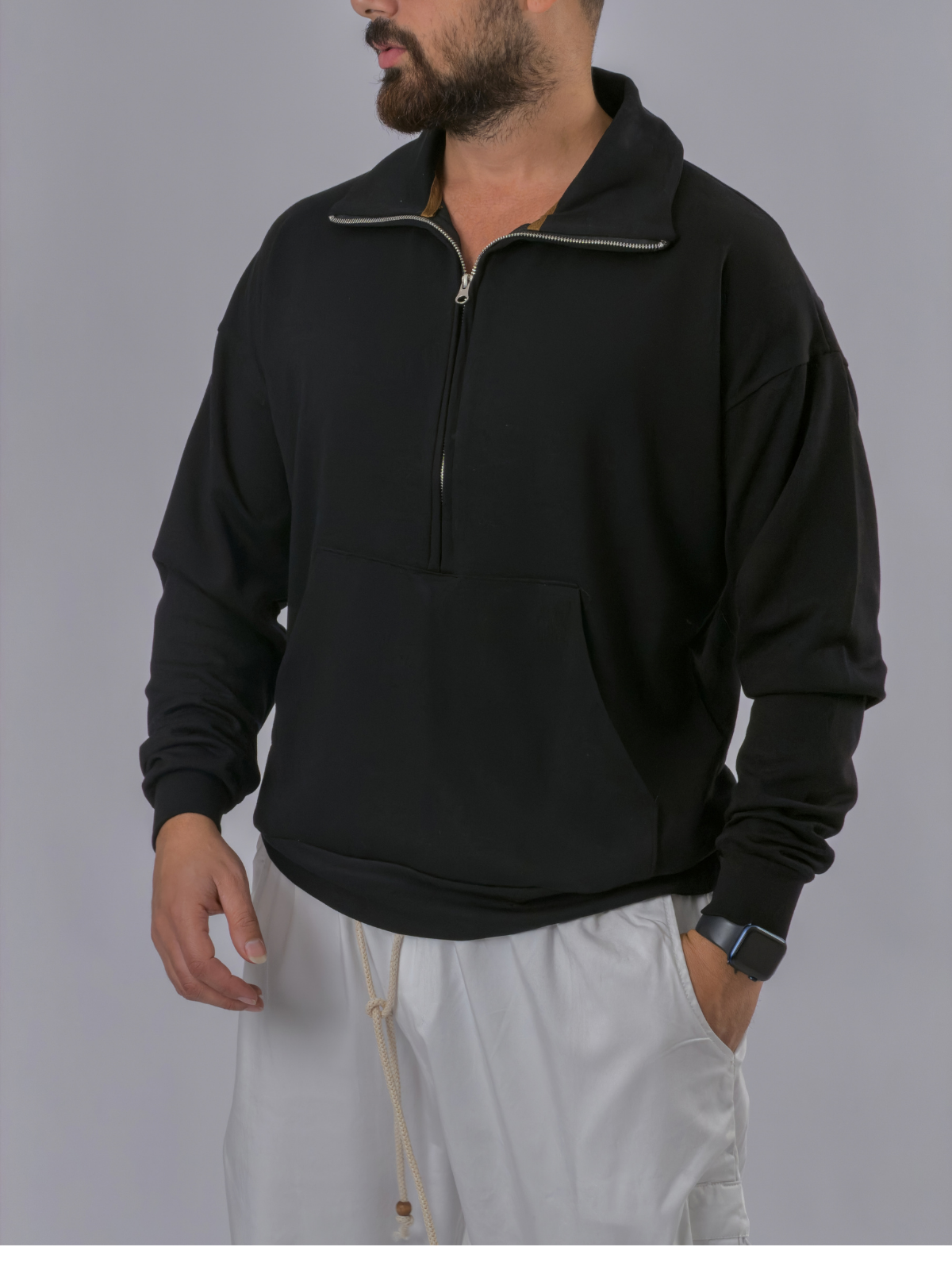 Fermuarlı Polo Yaka Siyah Erkek Sweatshirt COC3521