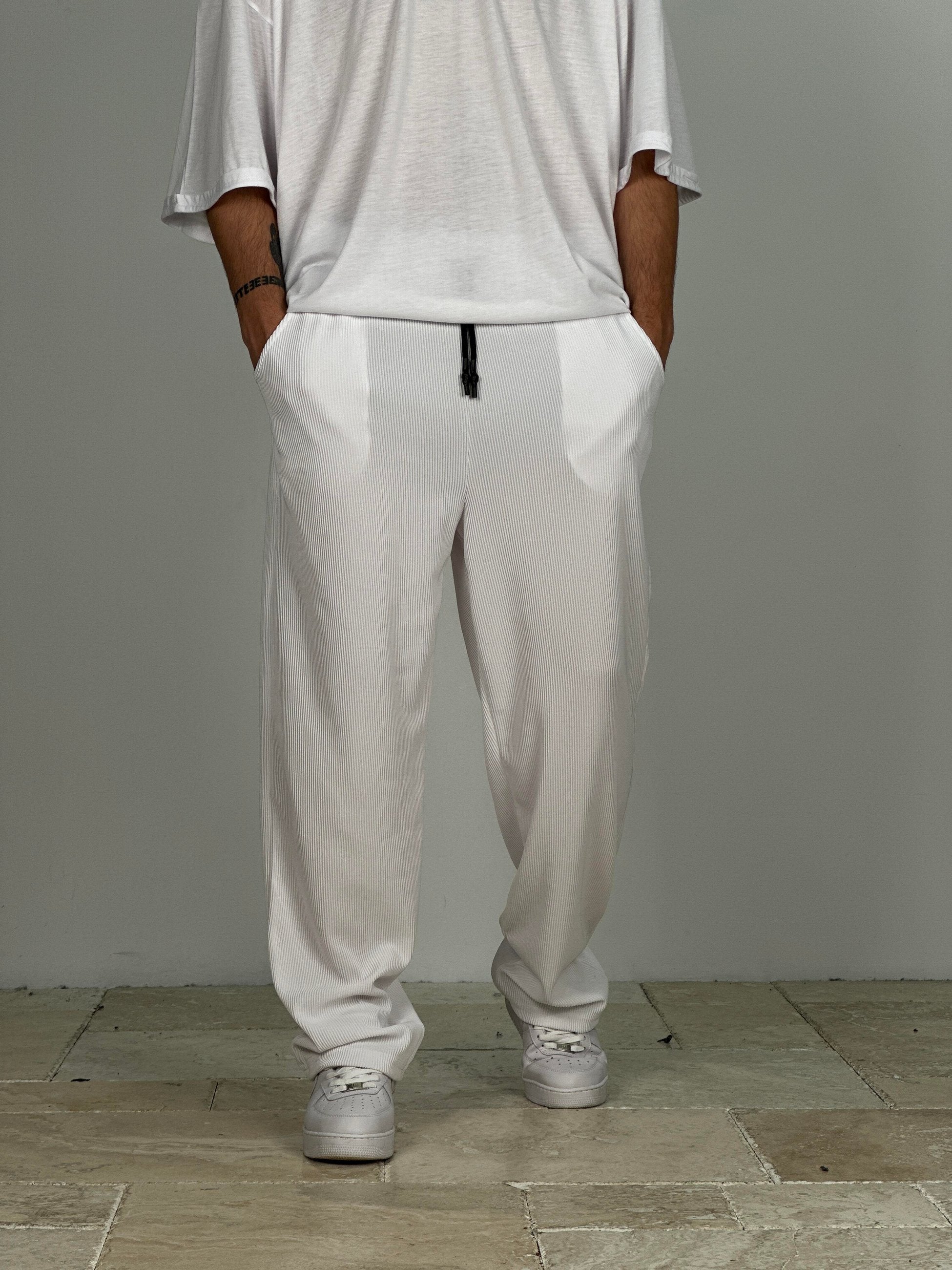 Fitilli Kumaş Beyaz Baggy Pantolon COC2286