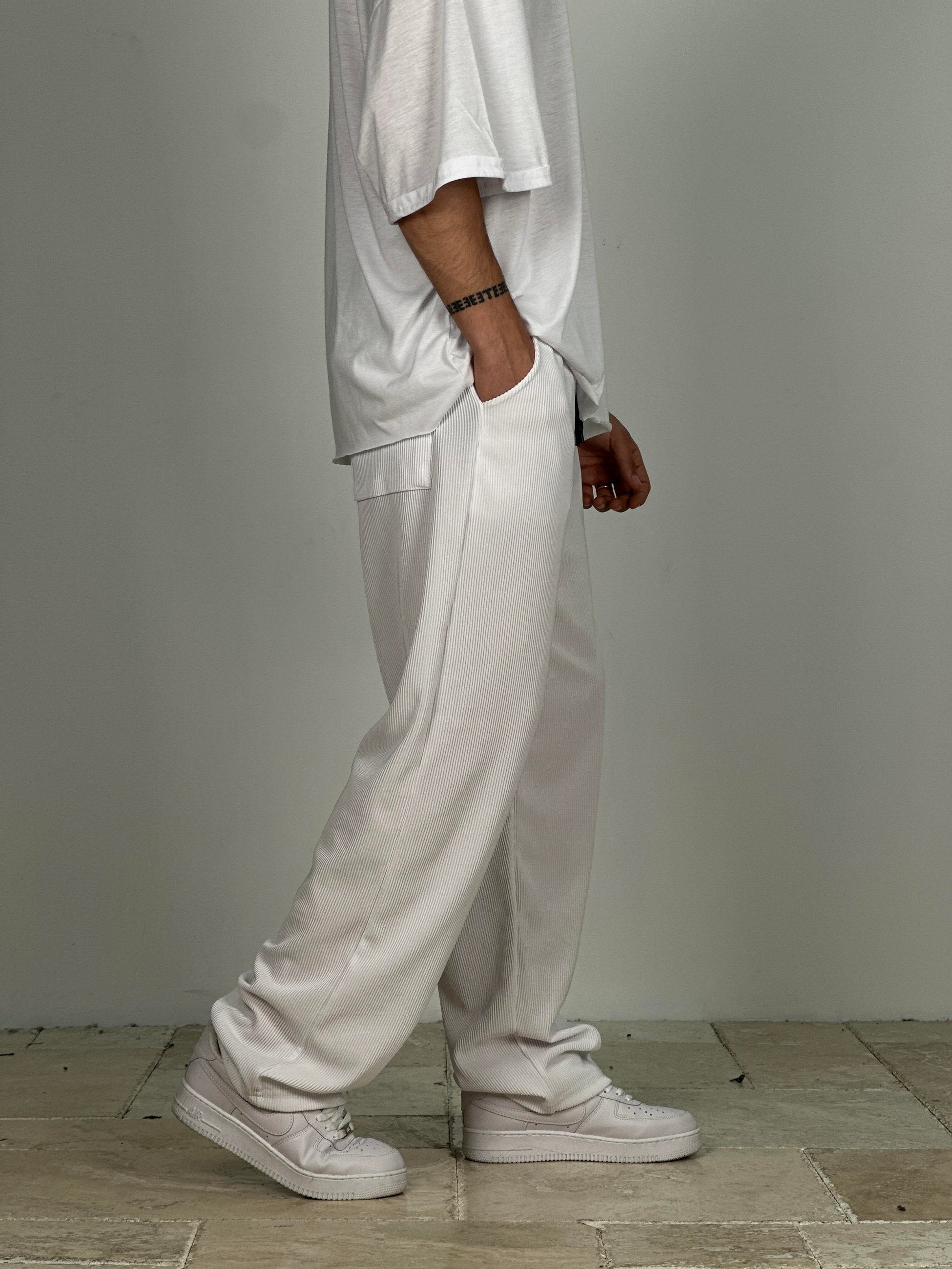 Fitilli Kumaş Beyaz Baggy Pantolon COC2286