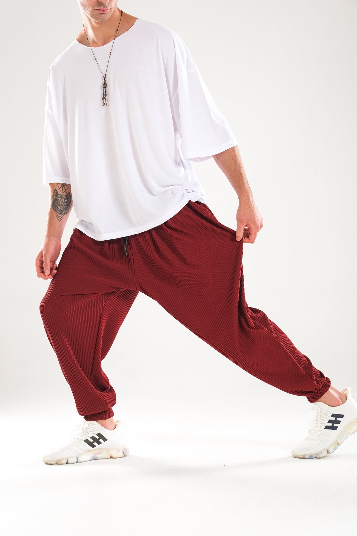 Fitilli Pileli Bordo Şalvar Pantolon COC1127