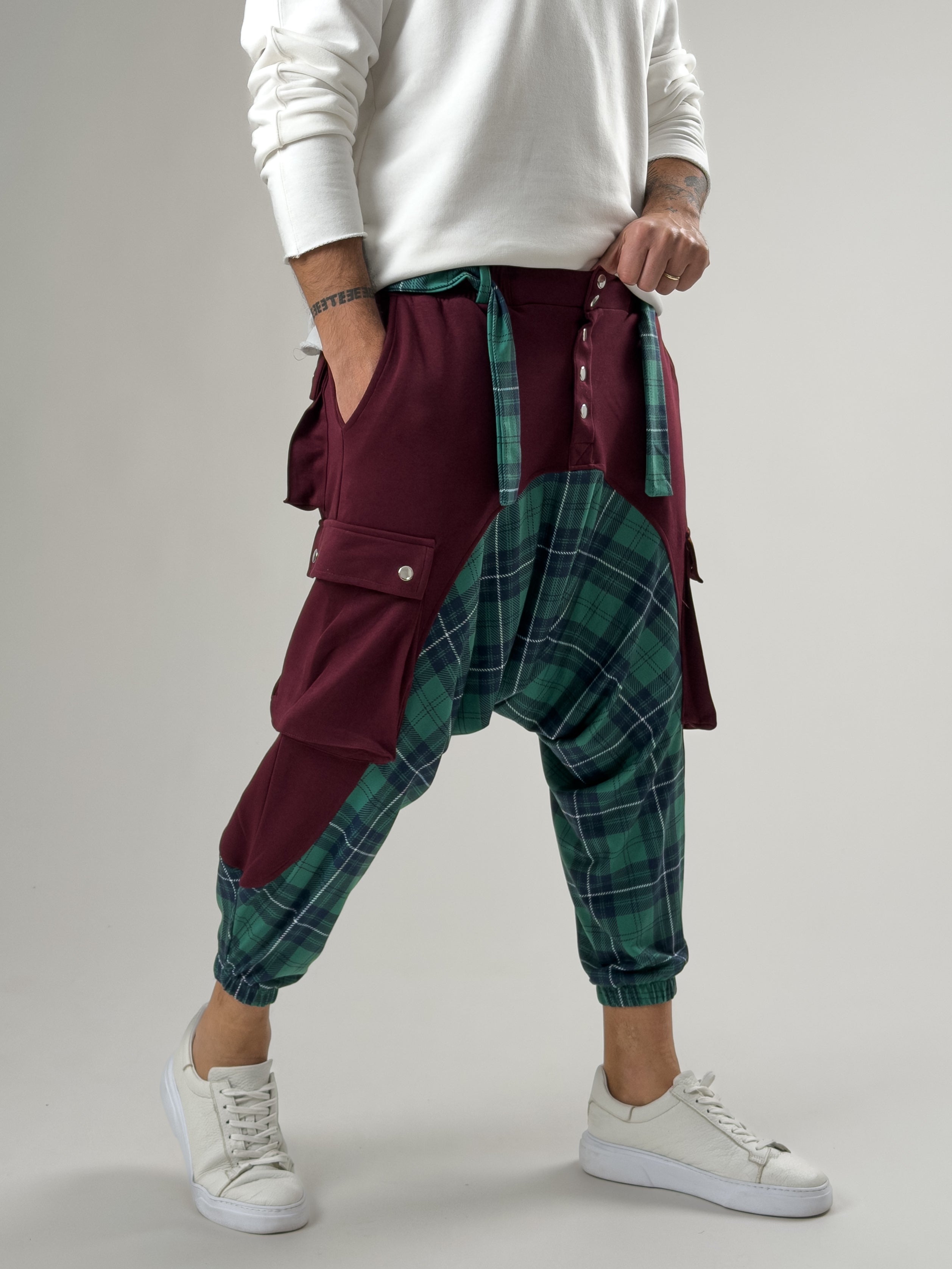 Garni Tasarım Erkek Bordo Etnik Desenli Spor Şalvar COC2614