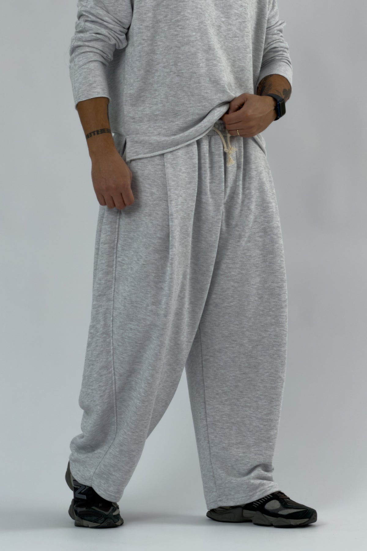 Gri Beli Bağcıklı Pileli Oversize Erkek Baggy Pantolon COC3660