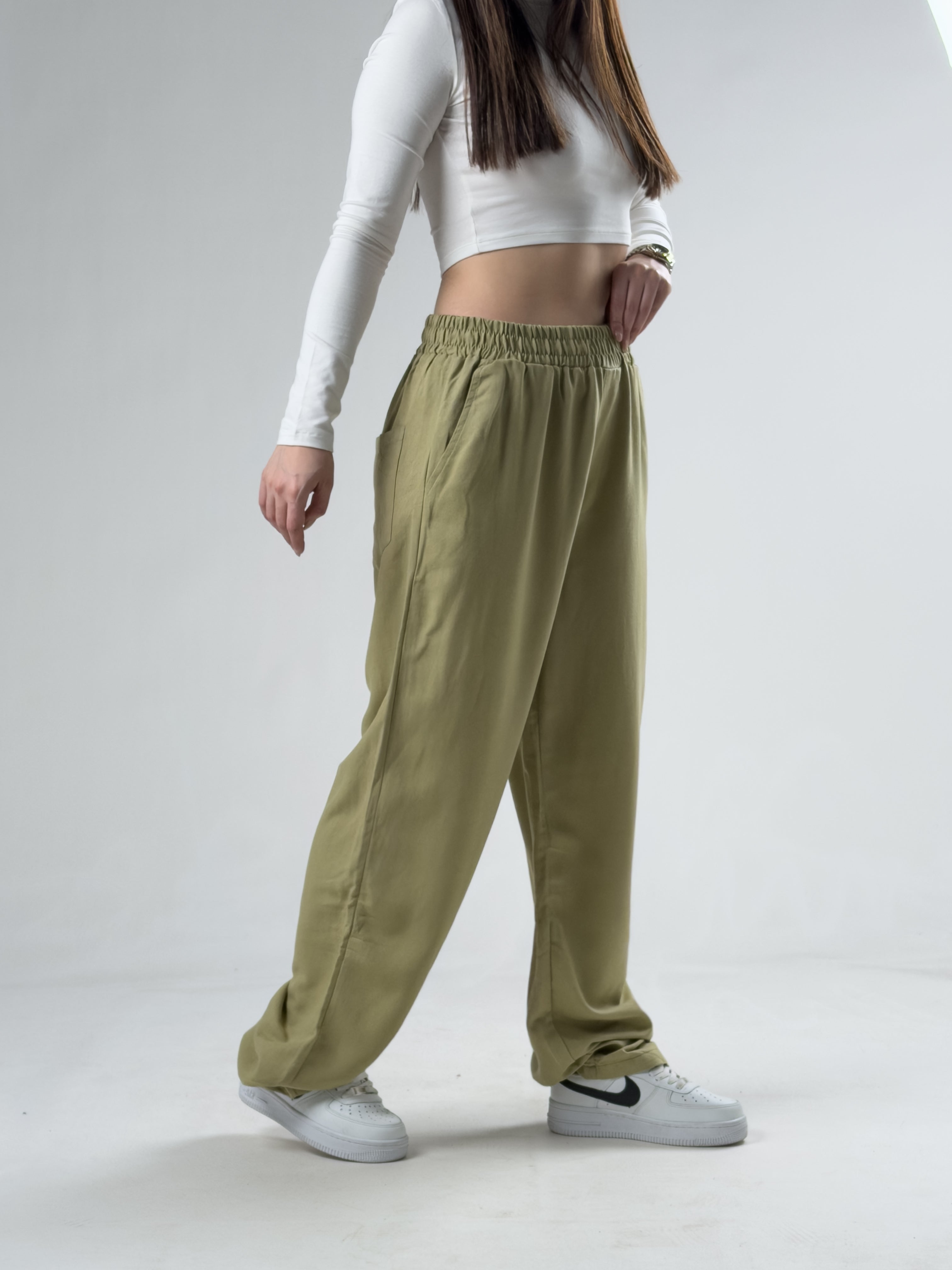 Haki Keten Kadın Baggy Pantolon COCK0019