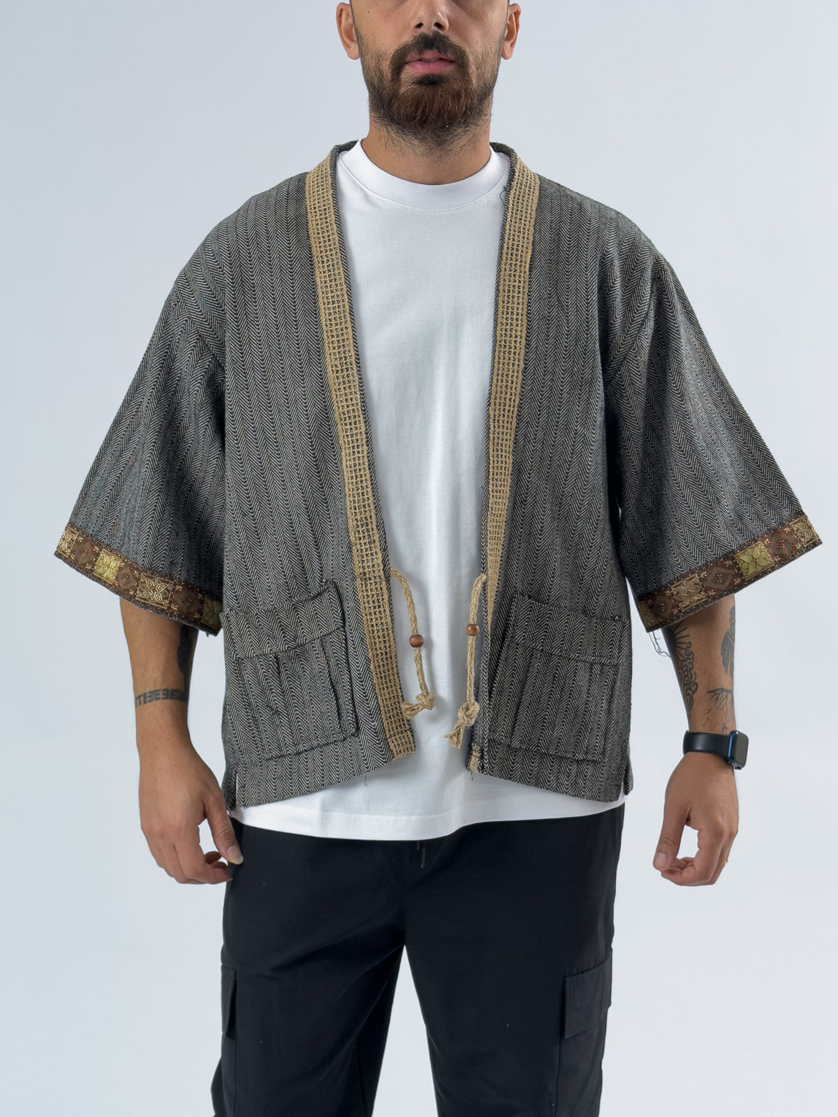 Hasır Detaylı Tasarım Siyah Beyaz Erkek Kimono COC3447
