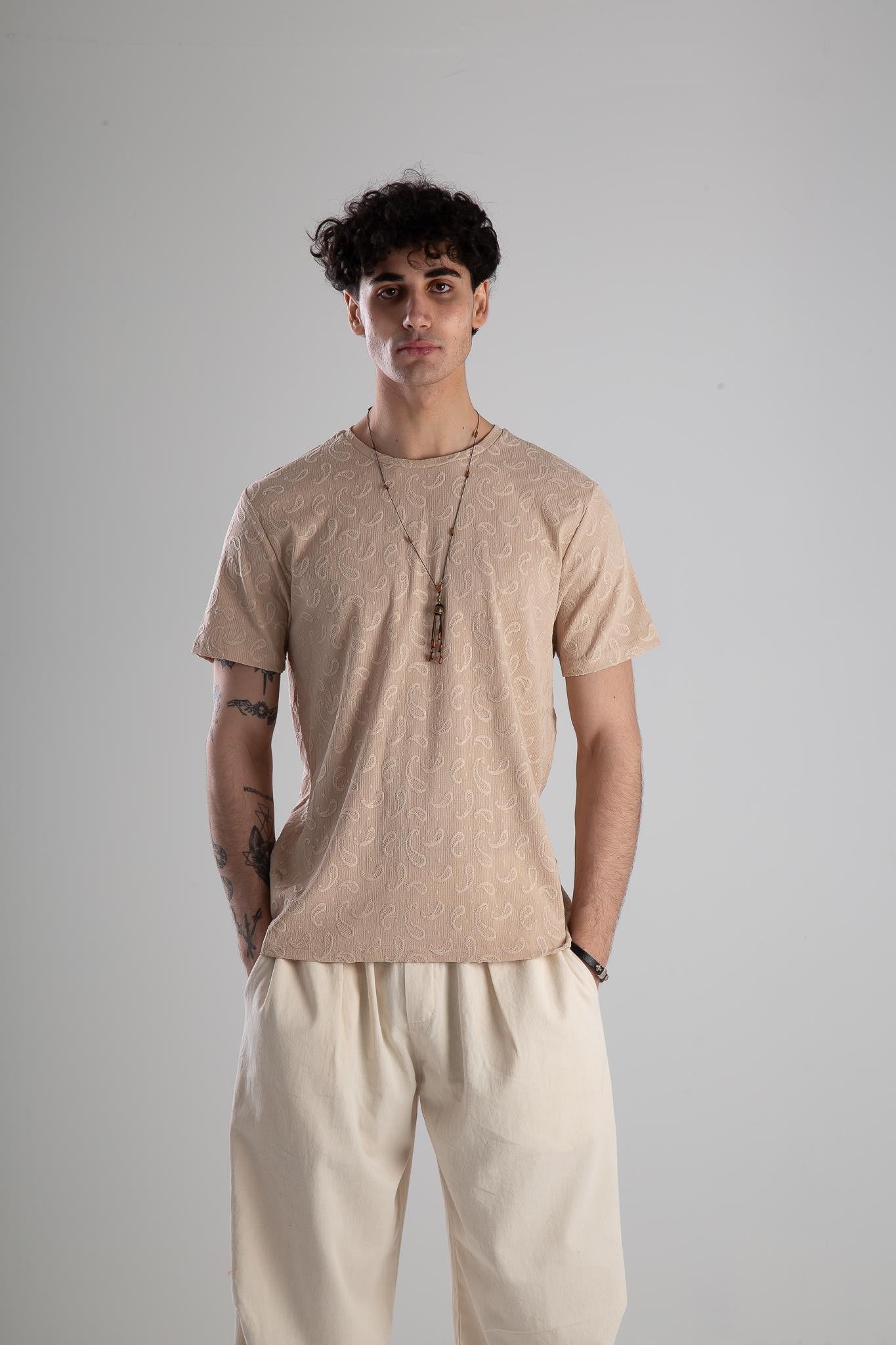 Jakarlı Krem Örme T-Shirt COC2146