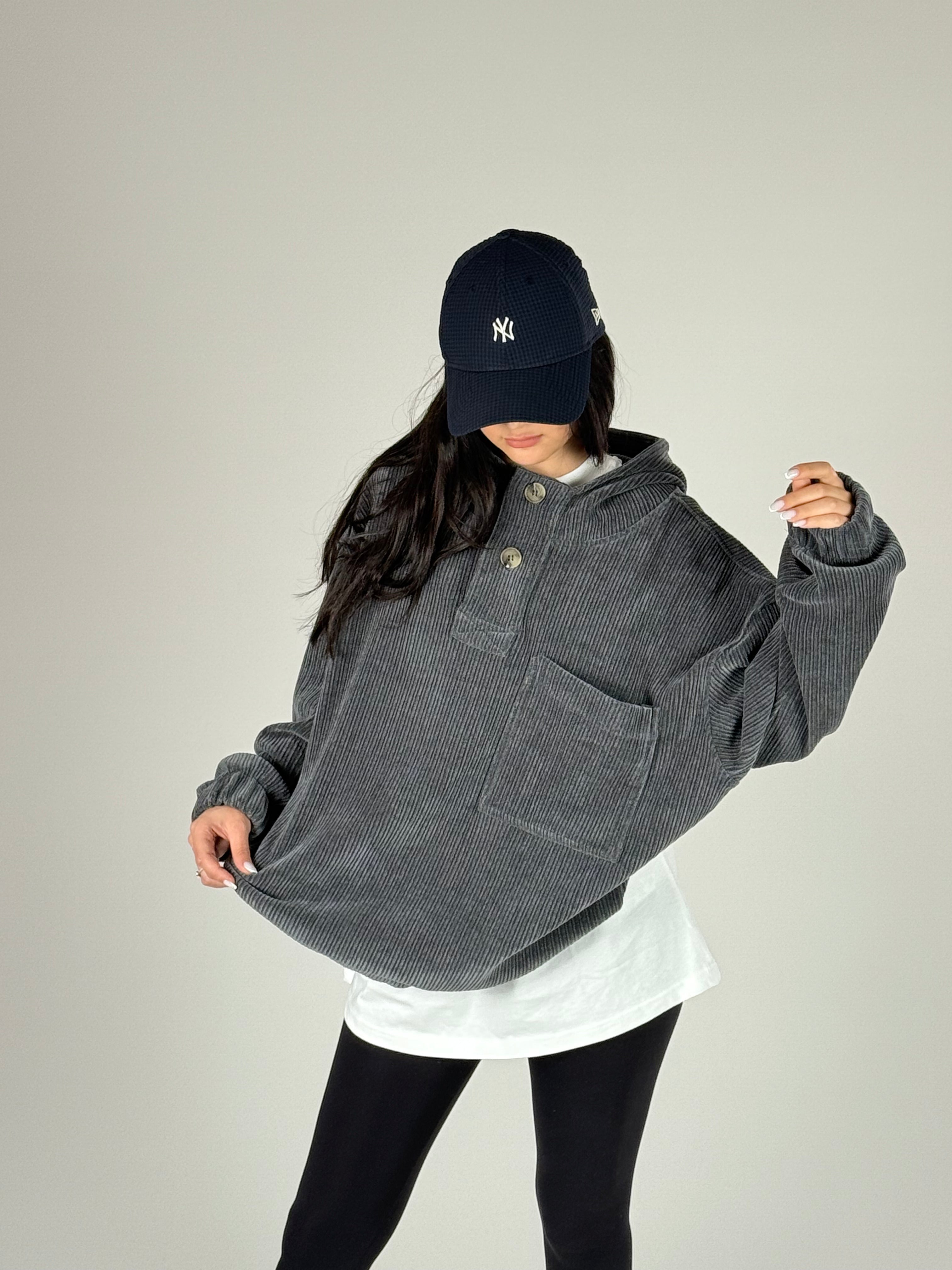 Kadife Dokulu Antrasit Oversize Kapüşonlu Kadın Sweatshirt COC1183