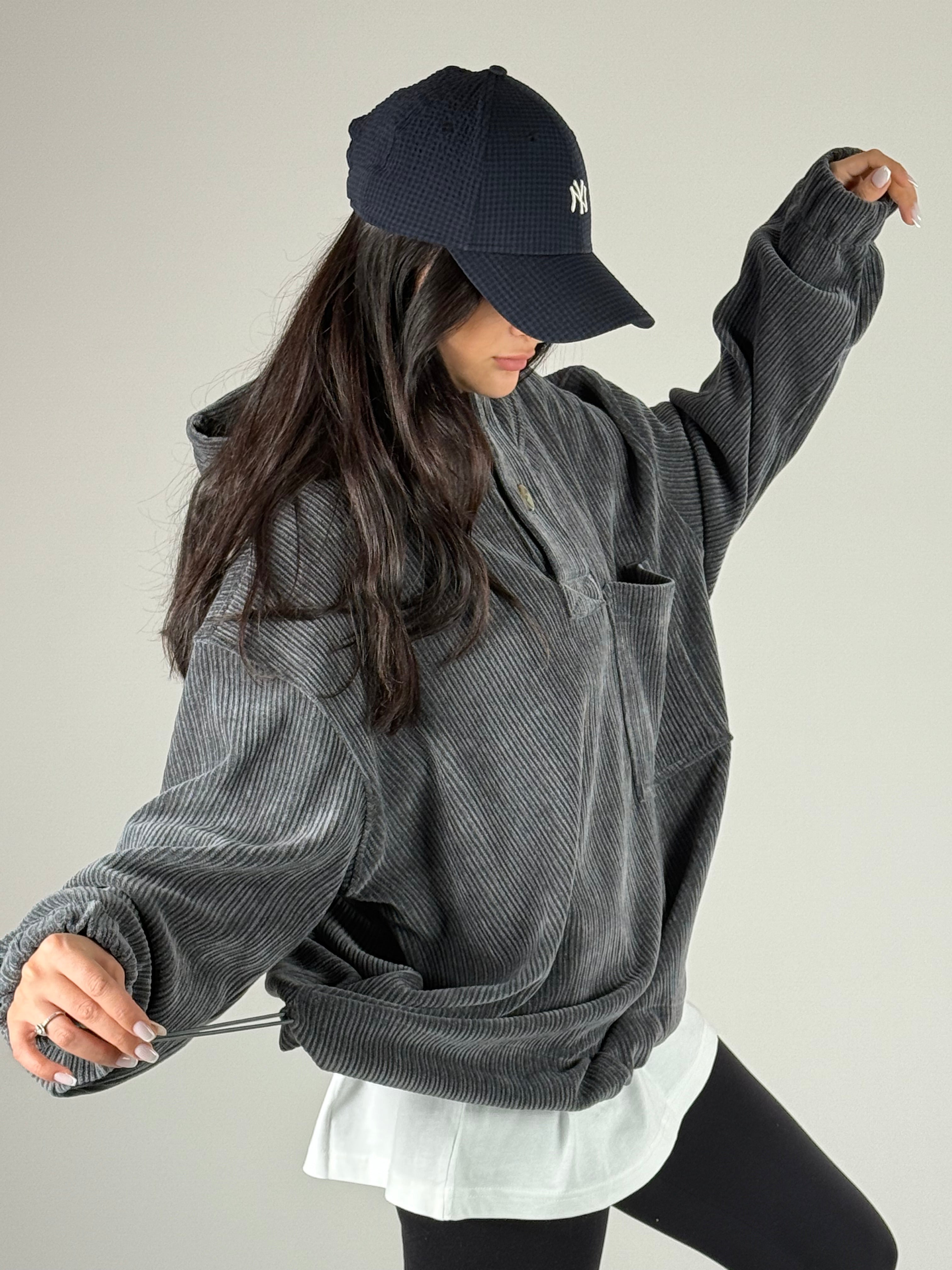 Kadife Dokulu Antrasit Oversize Kapüşonlu Kadın Sweatshirt COC1183