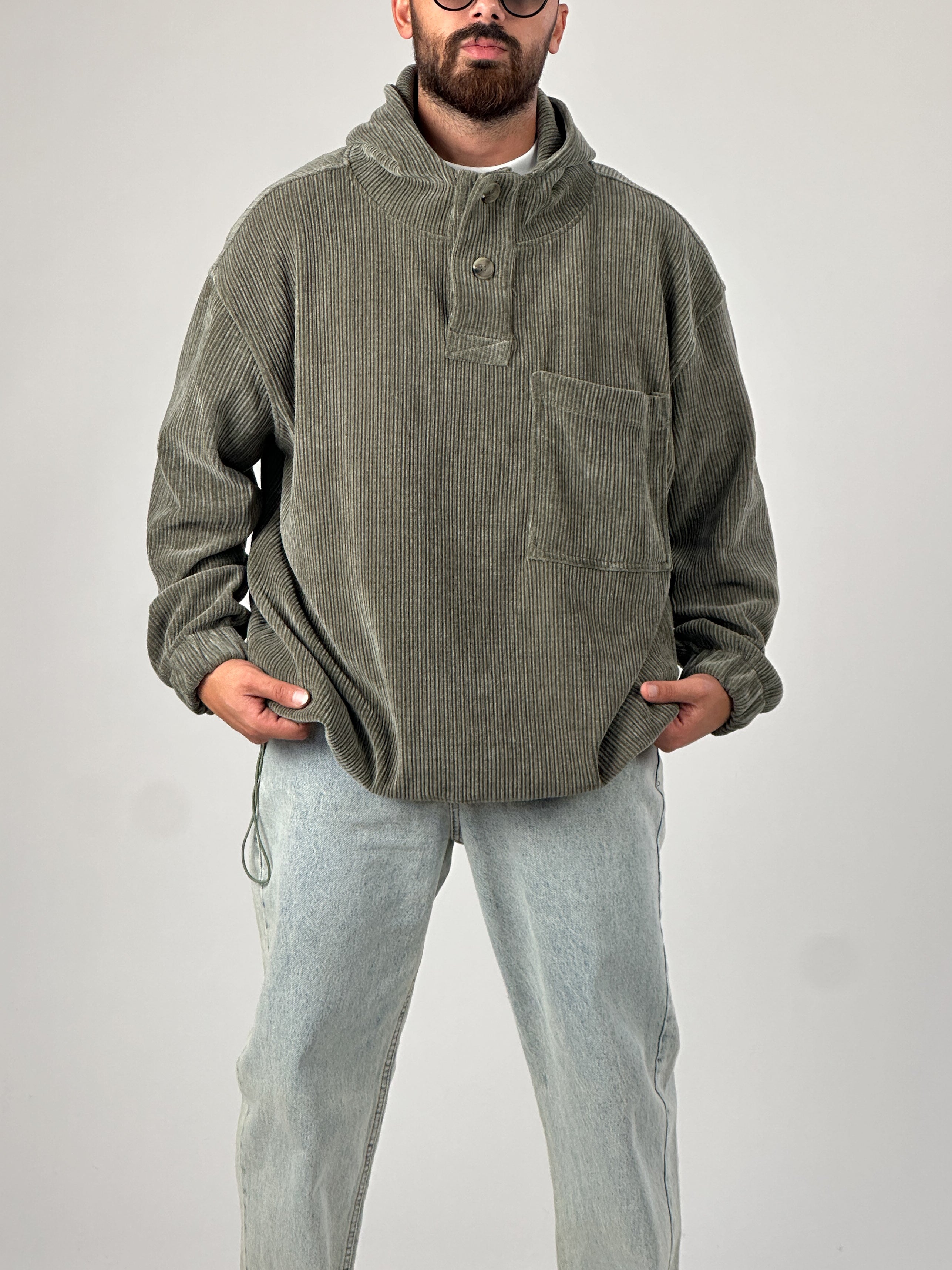Kadife Dokulu Haki Oversize Kapüşonlu Erkek Sweatshirt COC1036