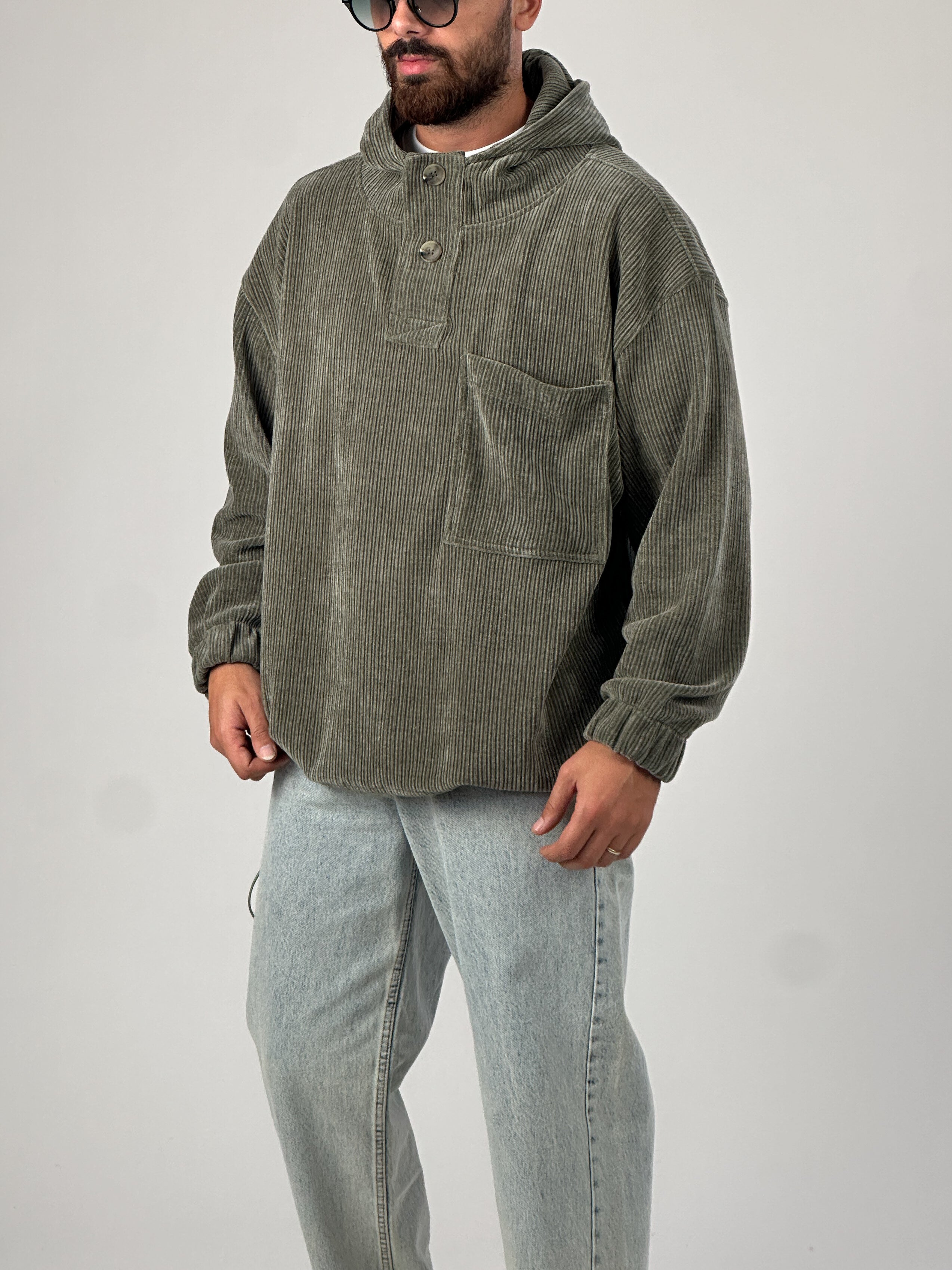Kadife Dokulu Haki Oversize Kapüşonlu Erkek Sweatshirt COC1036