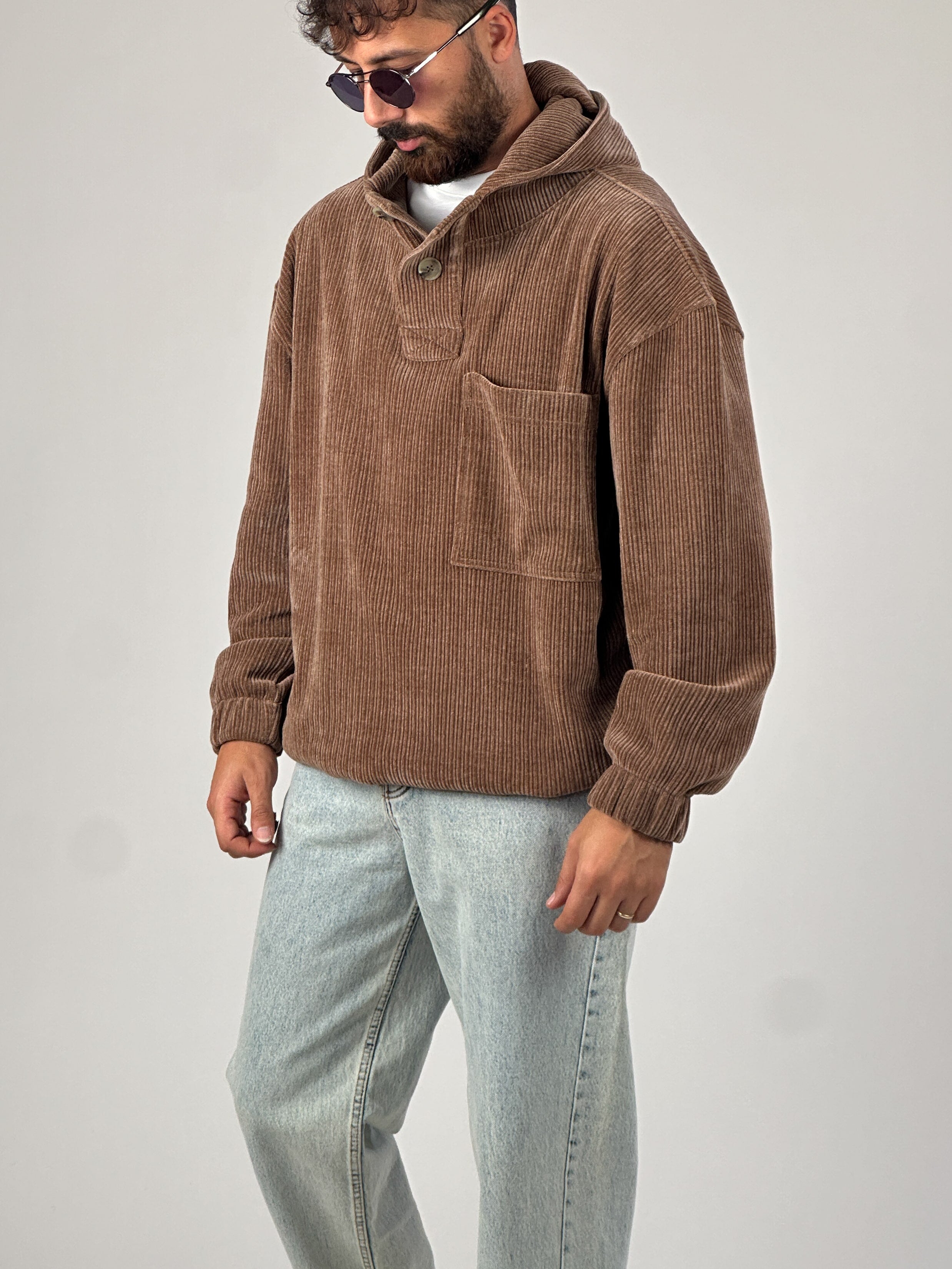 Kadife Dokulu Kahve Oversize Kapüşonlu Erkek Sweatshirt COC1037