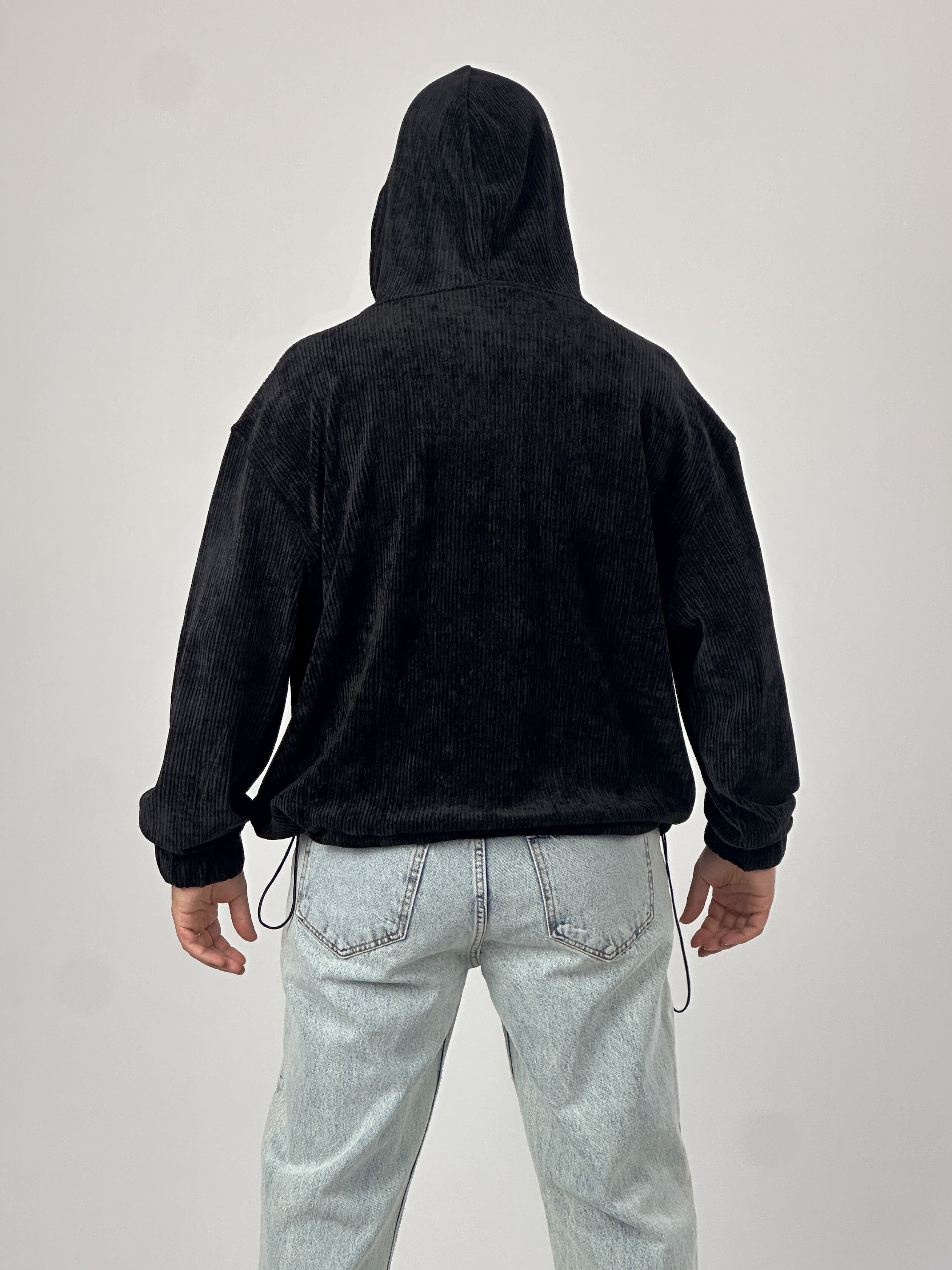 Kadife Dokulu Siyah Oversize Kapüşonlu Erkek Sweatshirt COC1038