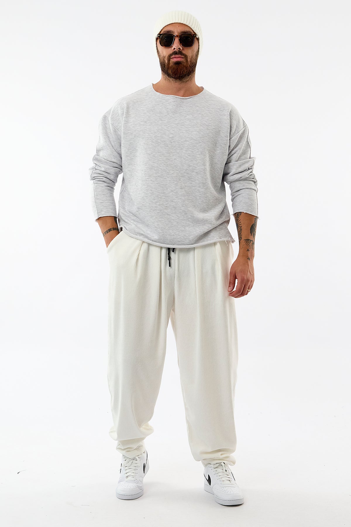 Kadife Pileli Beyaz Jogger Erkek Pantolon COC3628