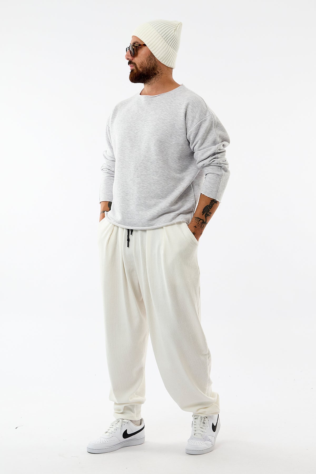 Kadife Pileli Beyaz Jogger Erkek Pantolon COC3628