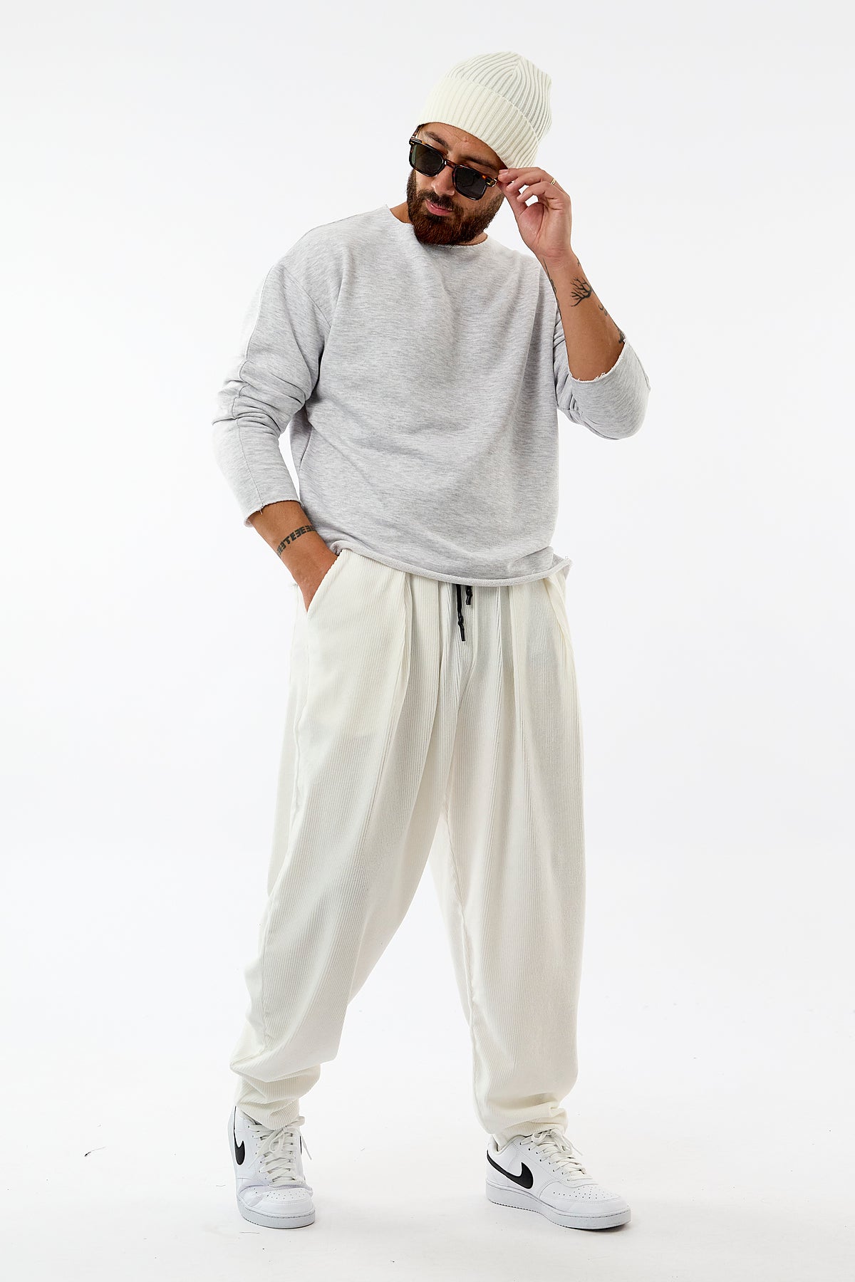 Kadife Pileli Beyaz Jogger Erkek Pantolon COC3628