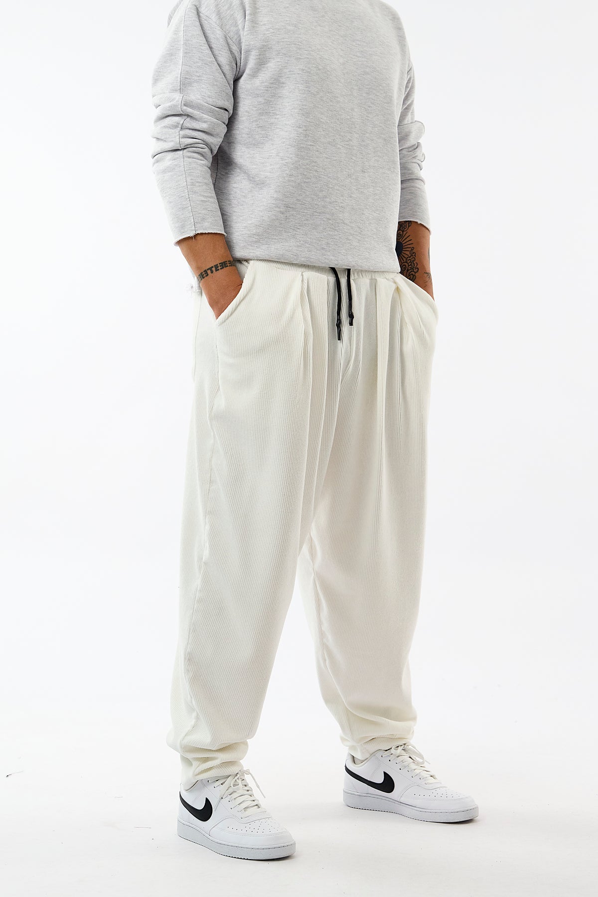 Kadife Pileli Beyaz Jogger Erkek Pantolon COC3628