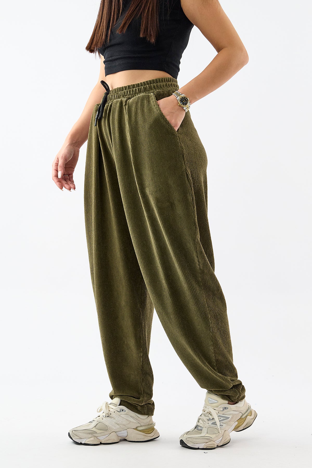Kadife Pileli Haki Jogger Kadın Pantolon COC3627