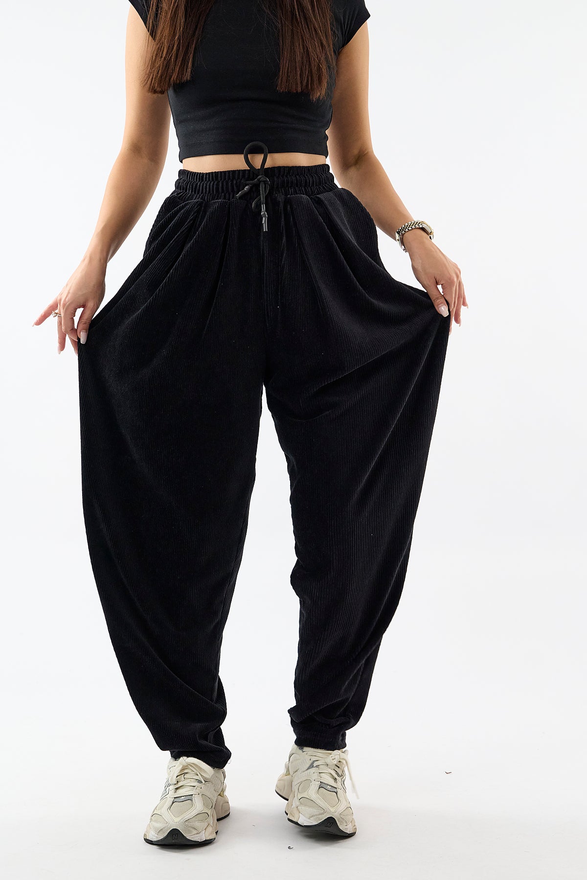 Kadife Pileli Siyah Jogger Kadın Pantolon COC3623