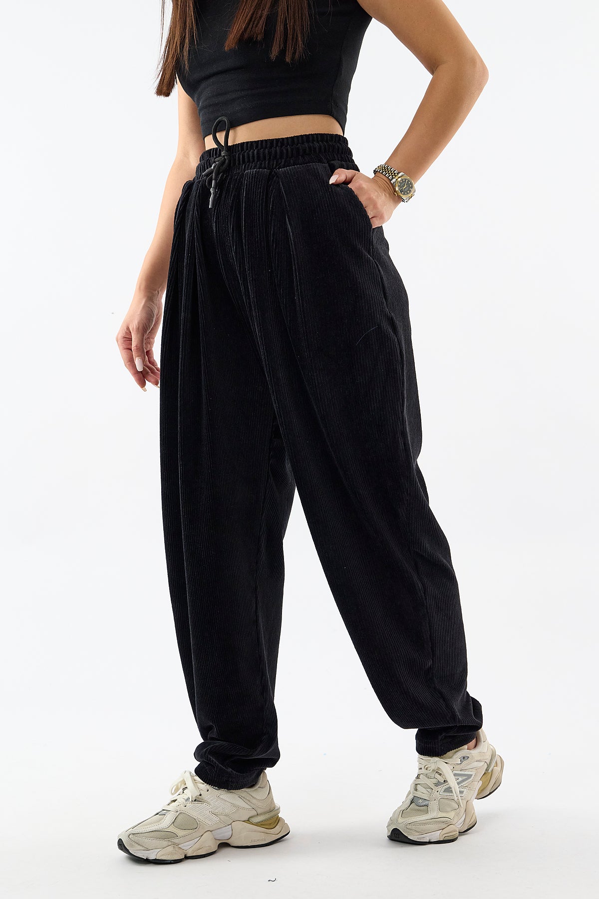 Kadife Pileli Siyah Jogger Kadın Pantolon COC3623