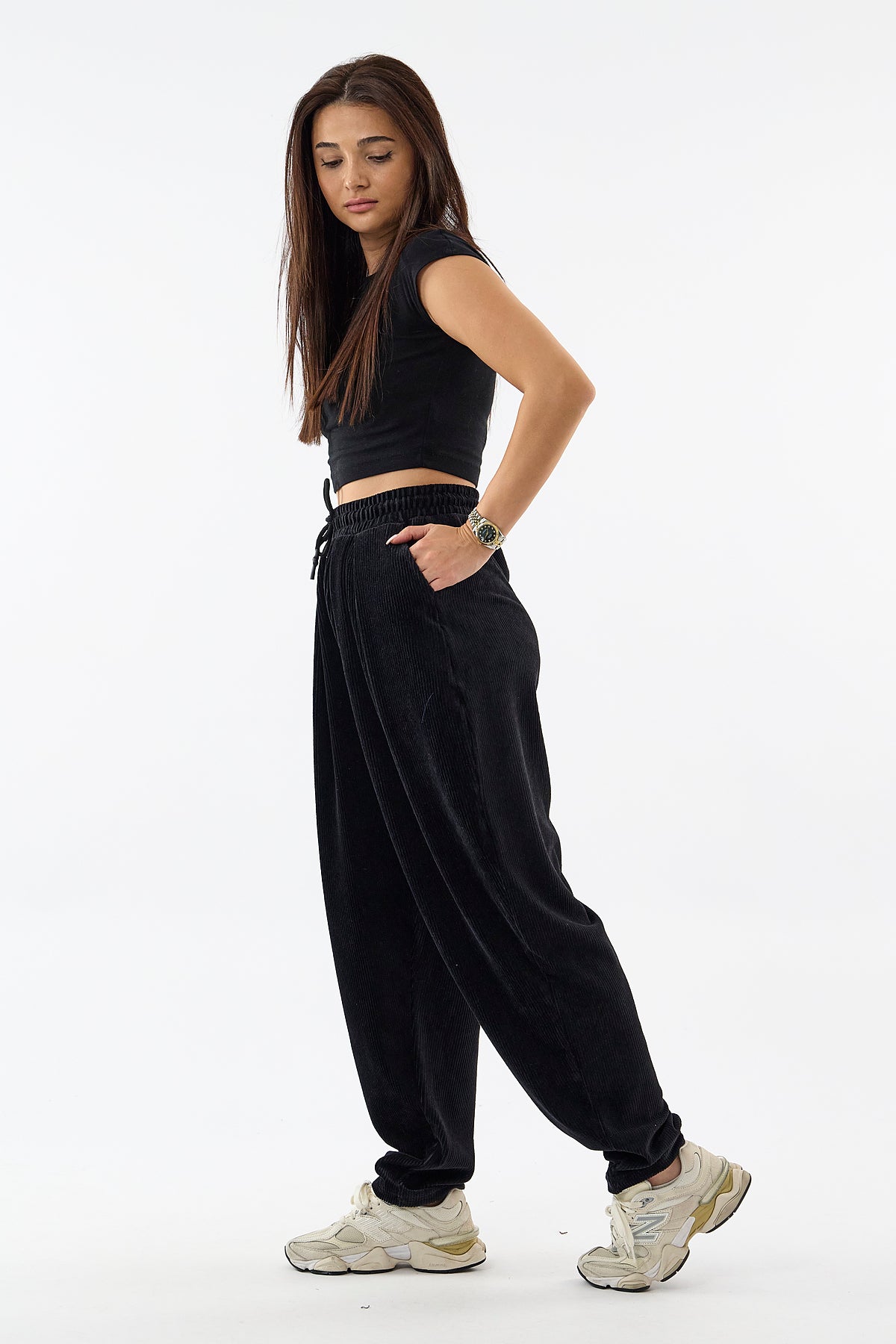 Kadife Pileli Siyah Jogger Kadın Pantolon COC3623