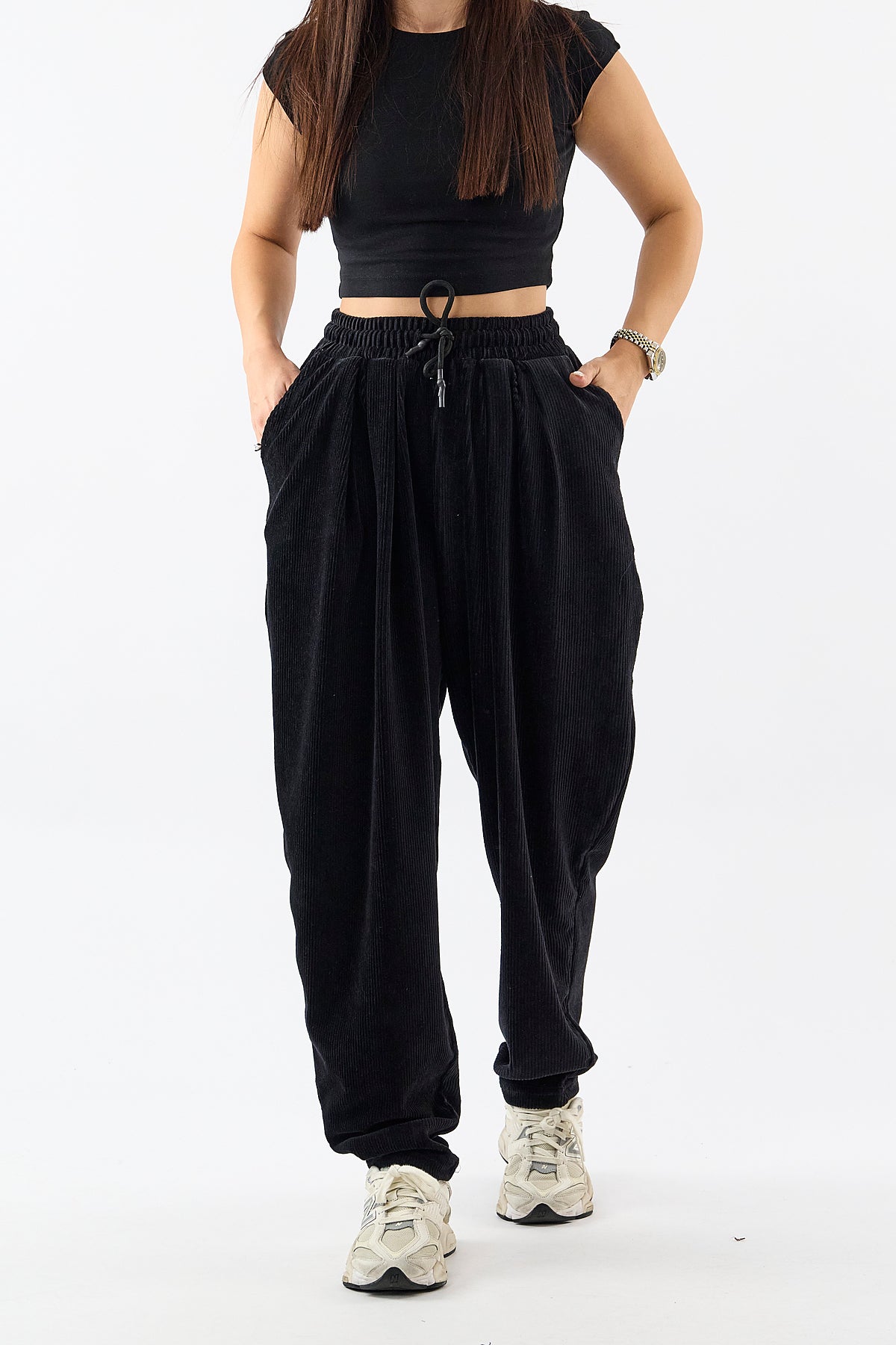 Kadife Pileli Siyah Jogger Kadın Pantolon COC3623