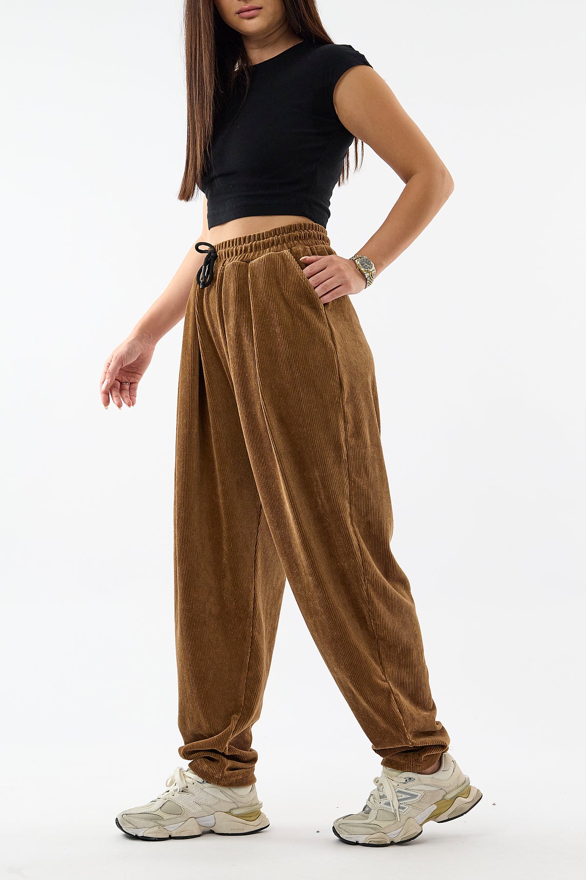 Kadife Pileli Taba Jogger Kadın Pantolon COC3621