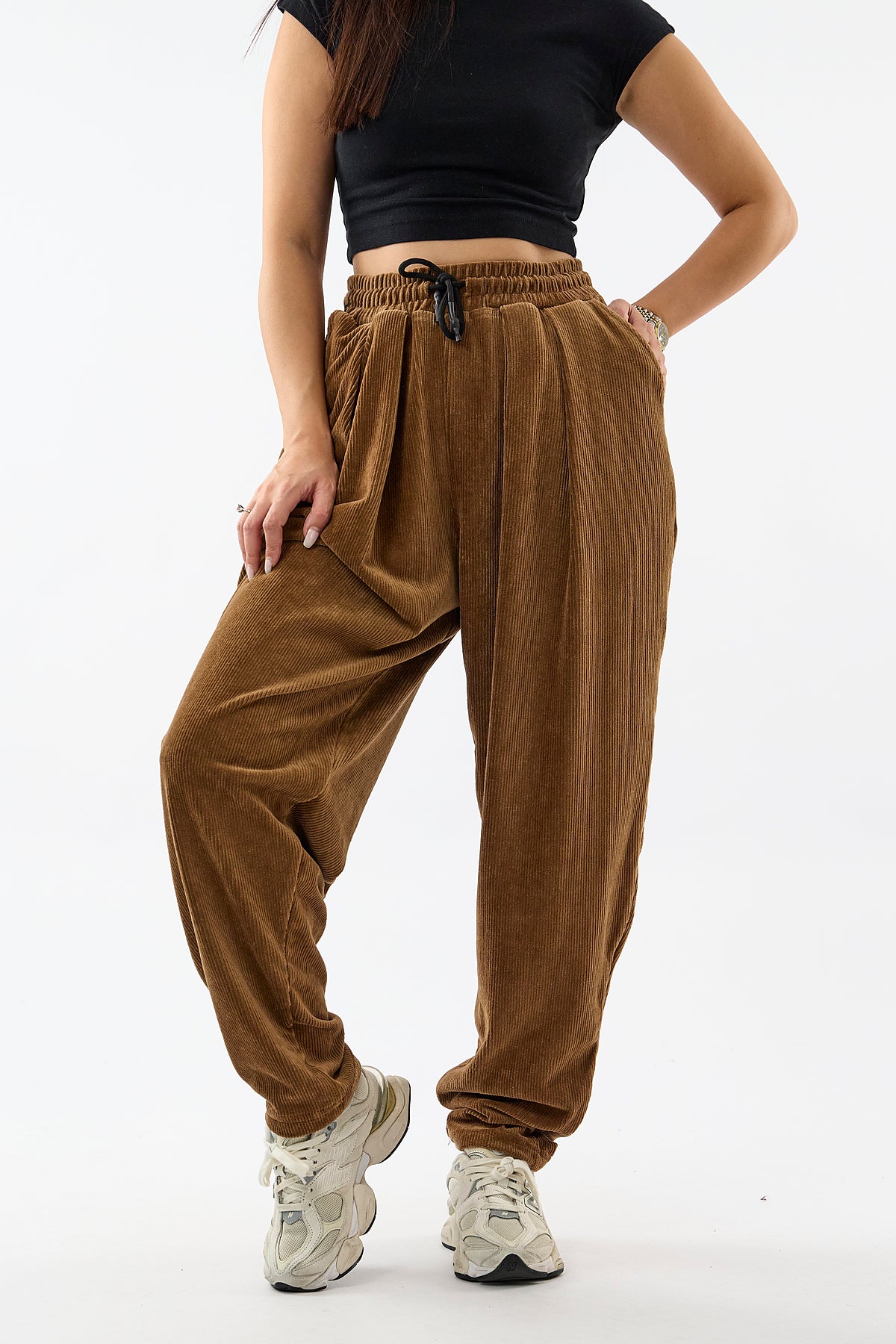 Kadife Pileli Taba Jogger Kadın Pantolon COC3621