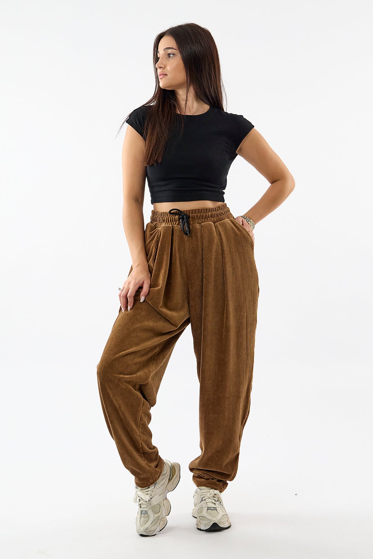 Kadife Pileli Taba Jogger Kadın Pantolon COC3621