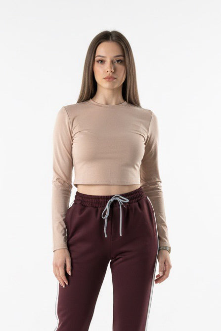 Kadın Bej Slim Fit Crop Bluz COC2798