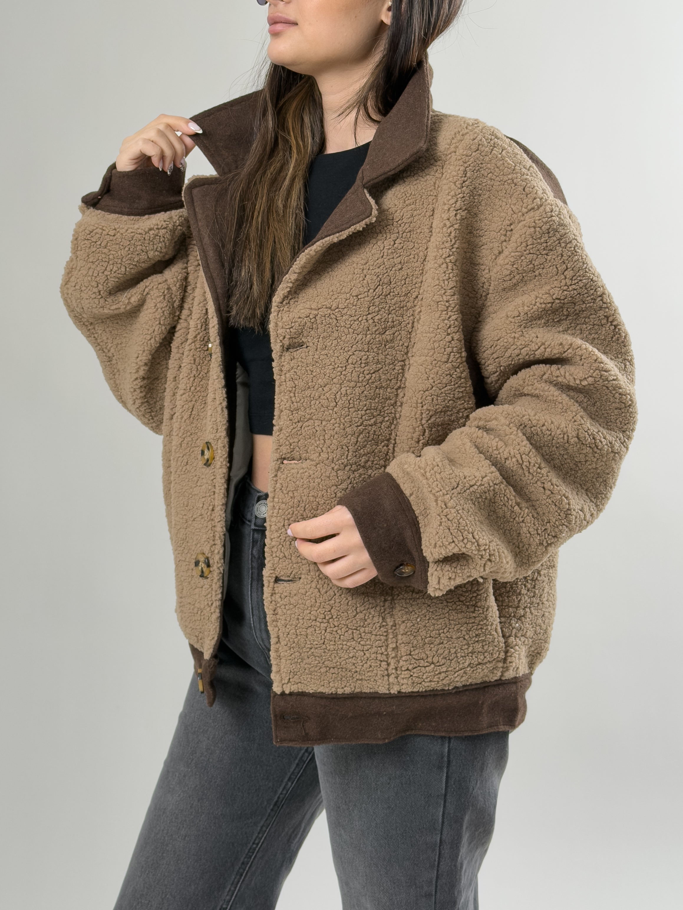 Kadın Kaşe Detaylı Kahverengi Peluş Hırka COC2638