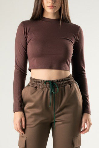 Kadın Kahverengi Slim Fit Crop Bluz COC2796