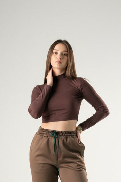 Kadın Kahverengi Slim Fit Crop Bluz COC2796