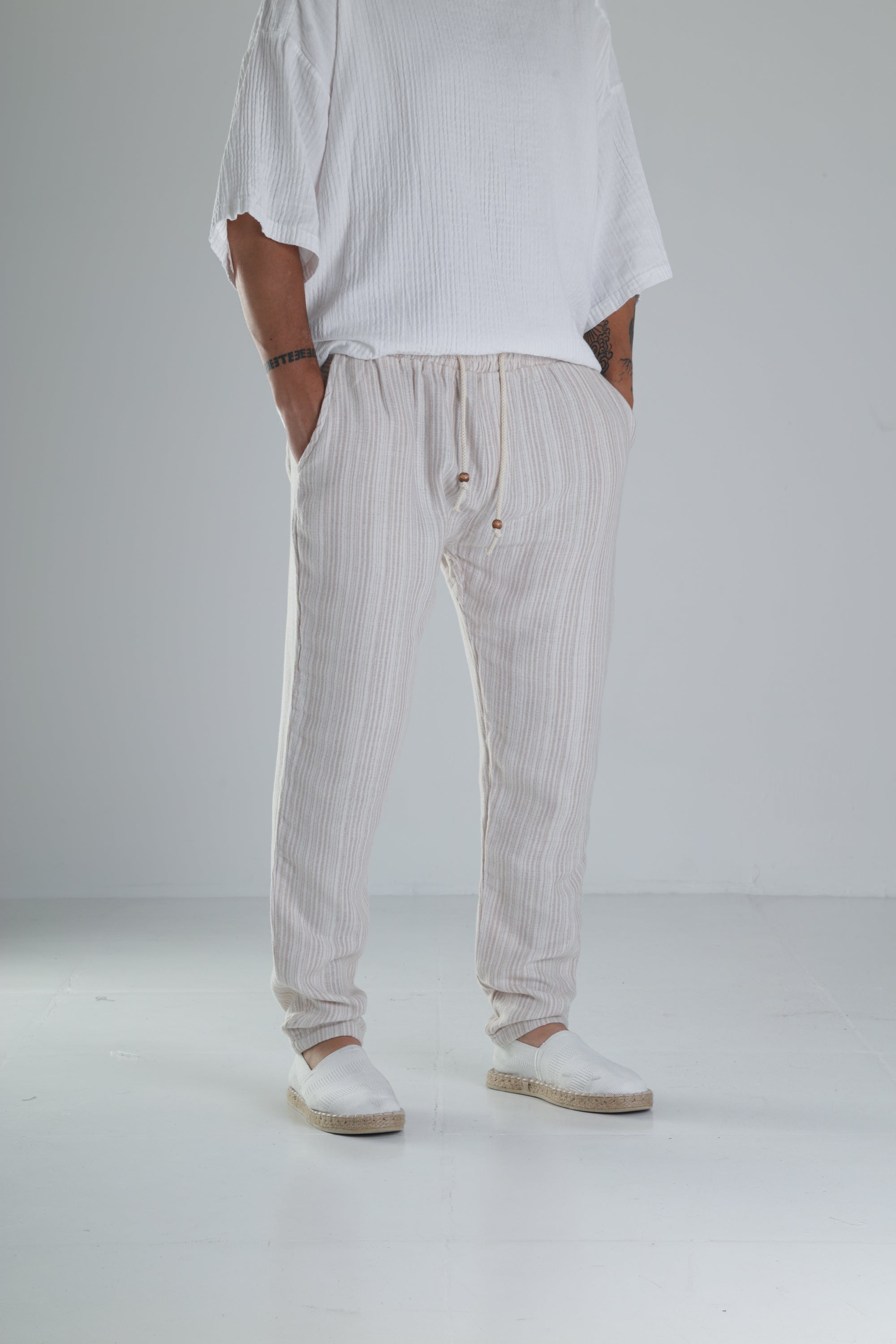 Kahve Çizgili Müslin Keten Baggy Pantolon COC1358