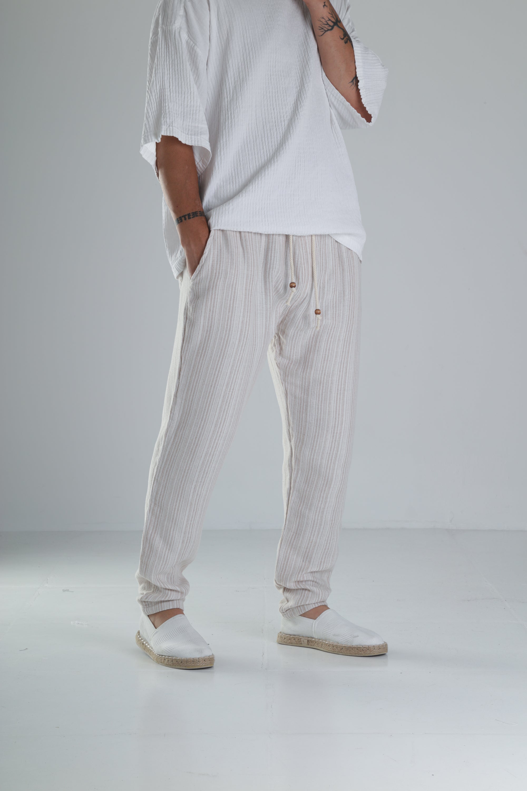 Kahve Çizgili Müslin Keten Baggy Pantolon COC1358