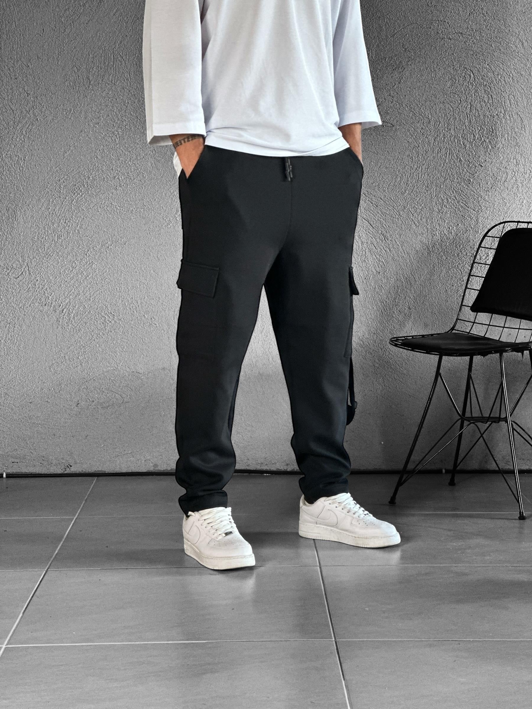 Kargo Cepli Chinese Detaylı Siyah Baggy Pantolon COC1516