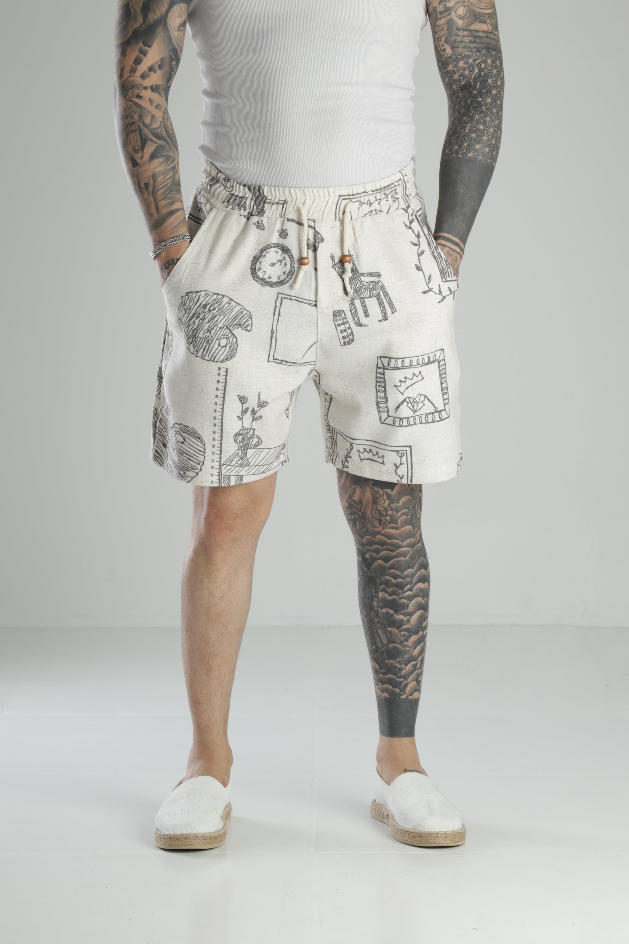 Karikatür Baskılı Keten Şort COC1468