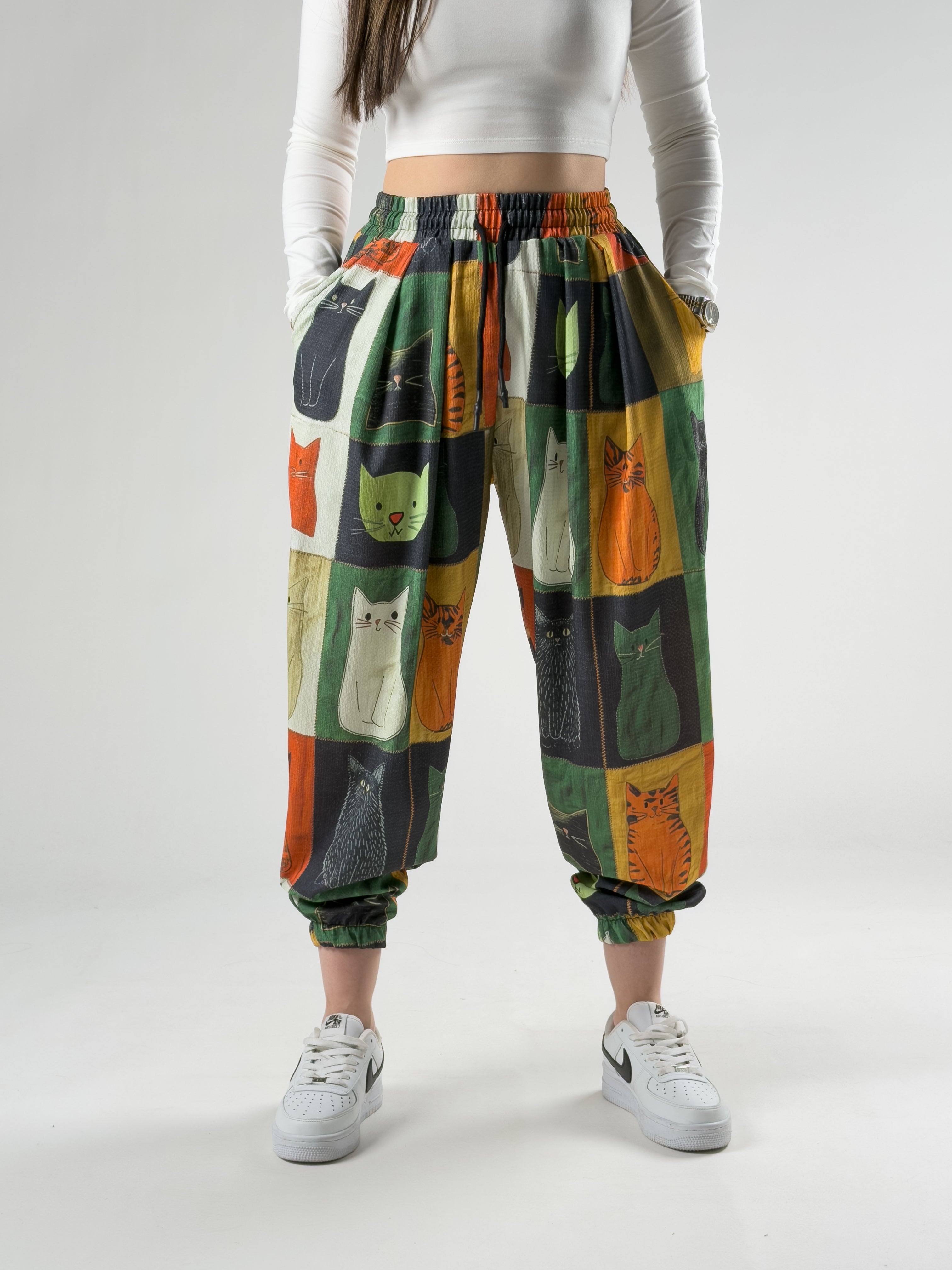 Kedi Desenli Kadın Pileli Jogger Pantolon COC2841