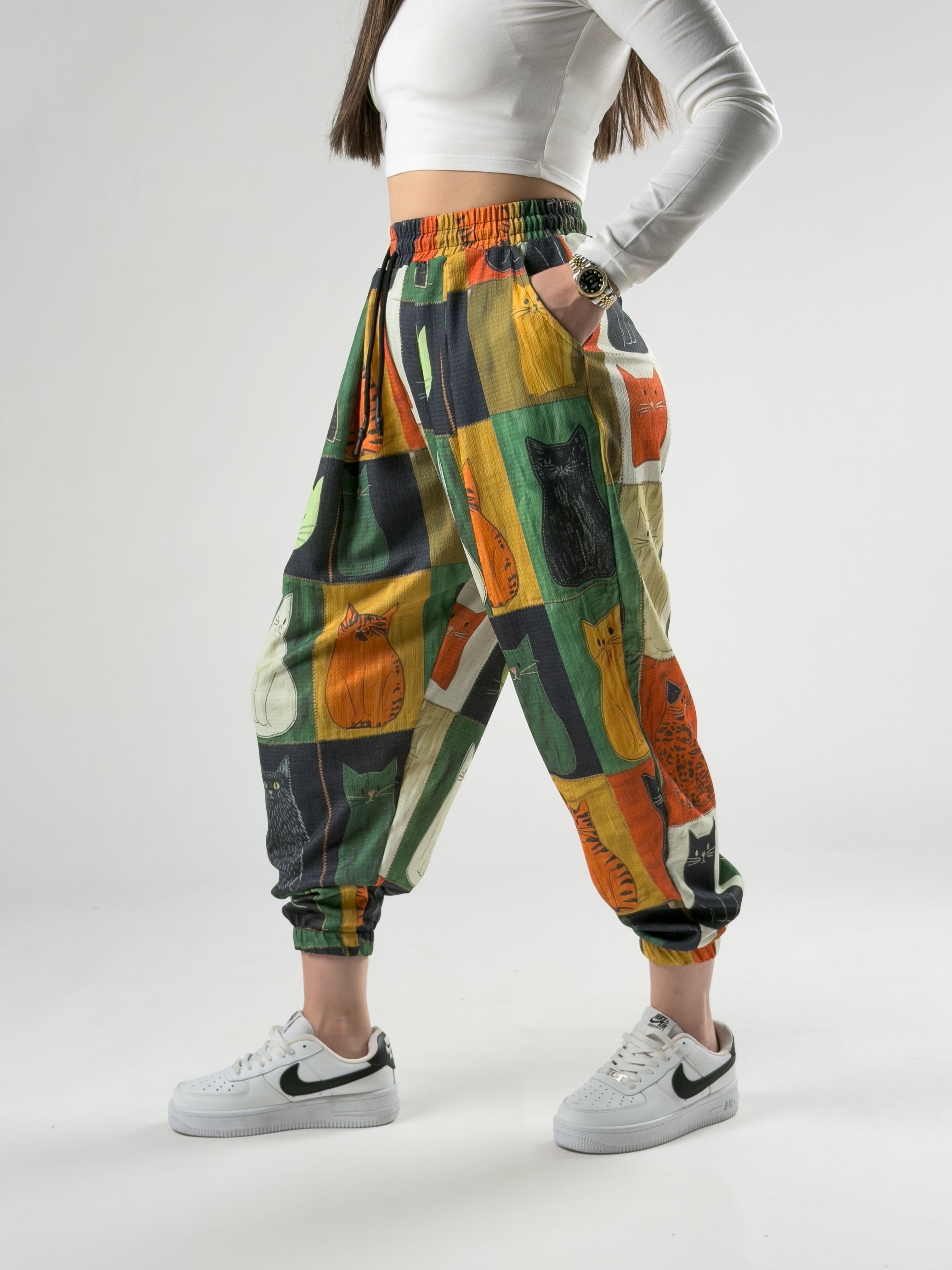 Kedi Desenli Kadın Pileli Jogger Pantolon COC2841