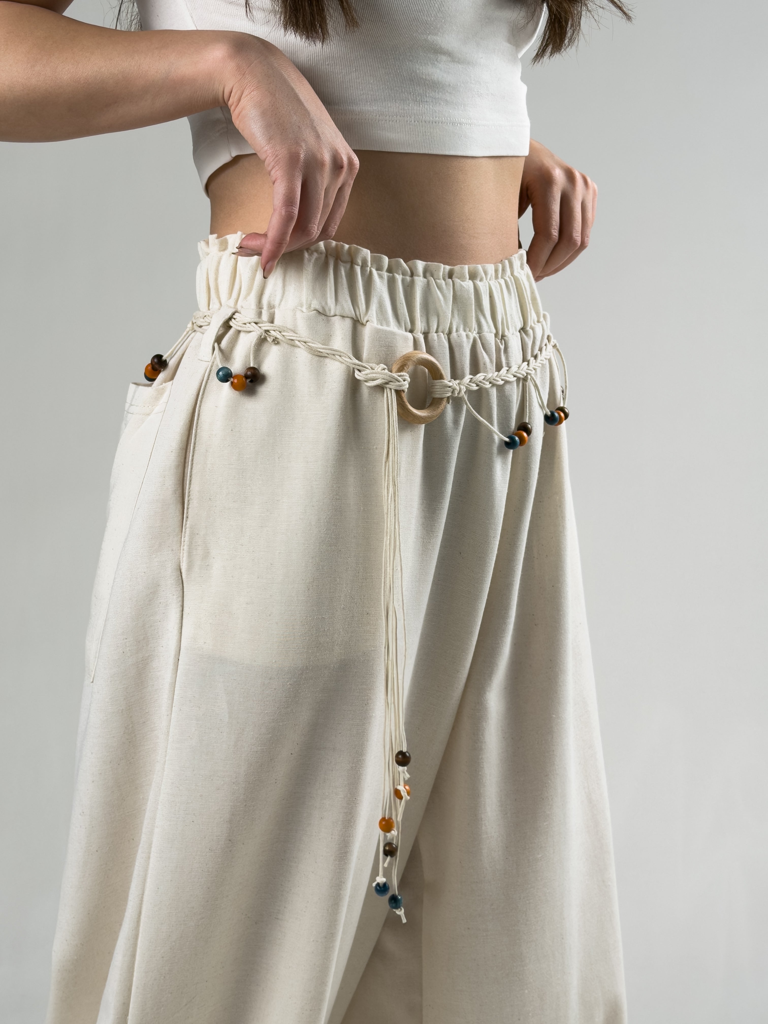 Kemerli Ekru Kadın Baggy Pantolon COC3066