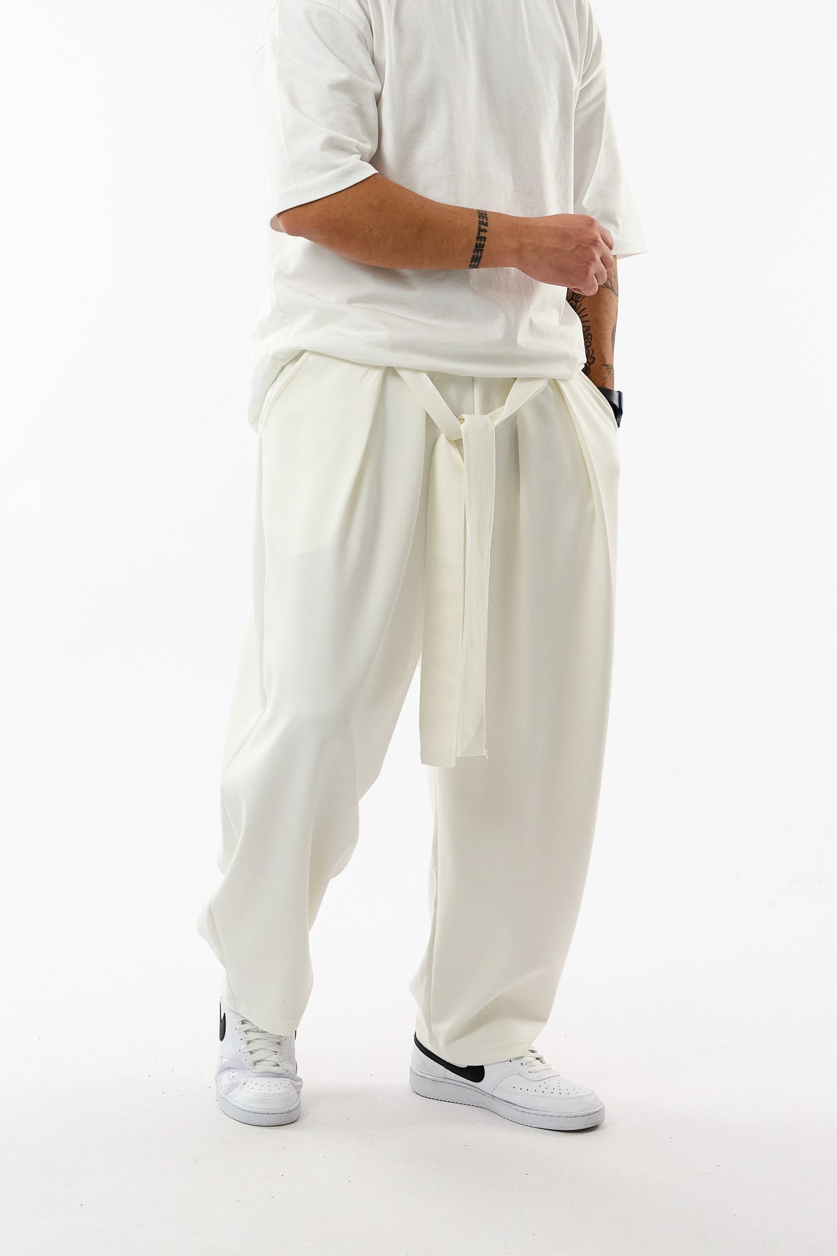 Kemerli Pileli Bel Lastikli Ekru Jogger Erkek Pantolon COC3678